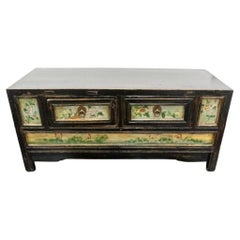 Korean Painted Elm Wood Low Storage Cabinet  and Bench, C. 1900s