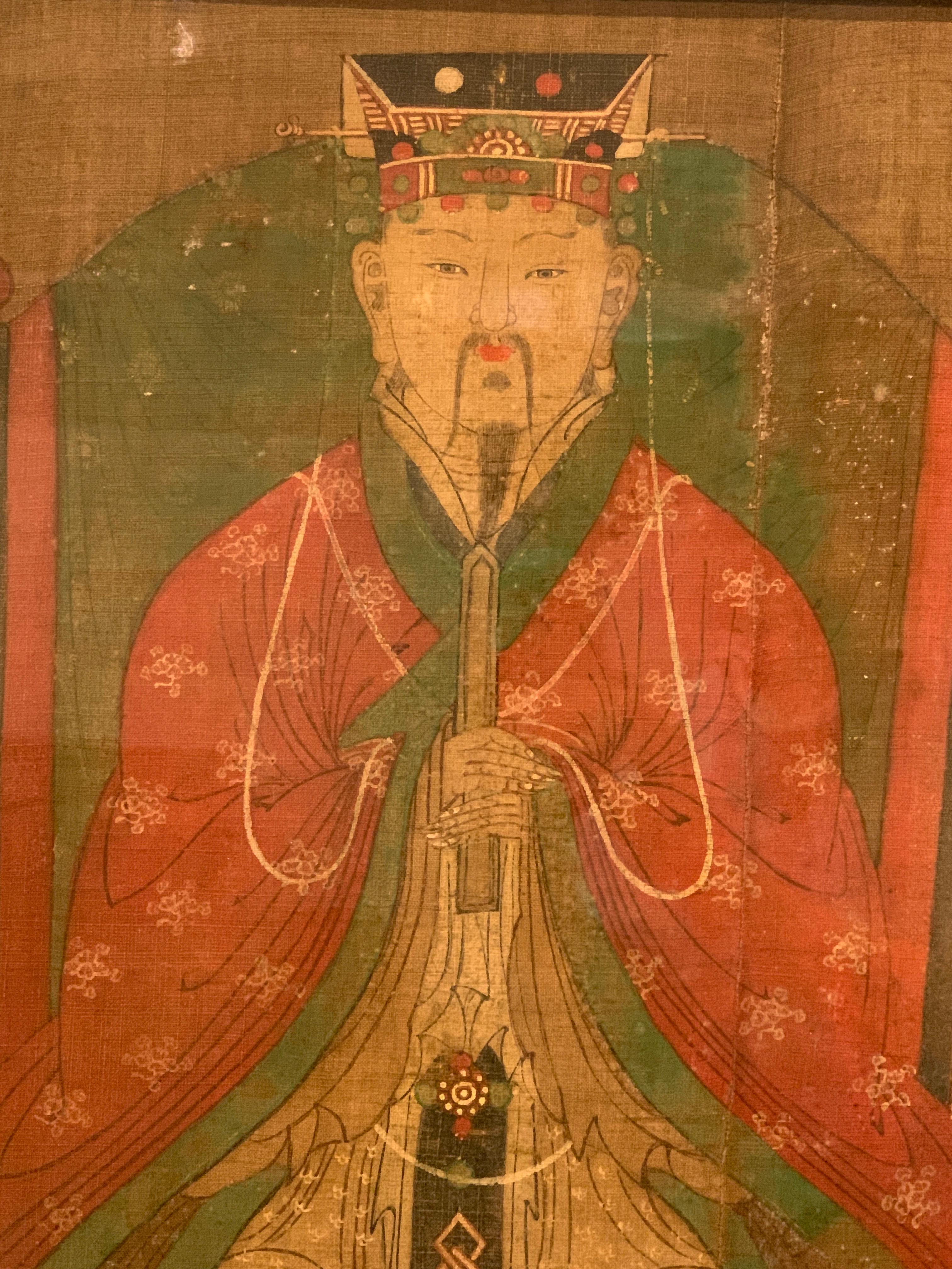An extremely rare and important Korean Taoist painting of Nambang Yeomje, the Yan Emperor, Emperor of the South, known as in Korea and Nanfang Yandi in China, distemper on cloth, Joseon Dynasty (1392 to 1610), 18th century, Korea. 

This painting