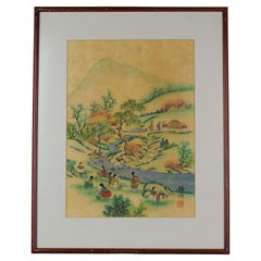 Pintura coreana de un paisaje con niños, siglo XX