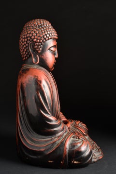Korean Red-Lacquered Carved Buddha Sculpture, 17th/18th Century, Antique Art.