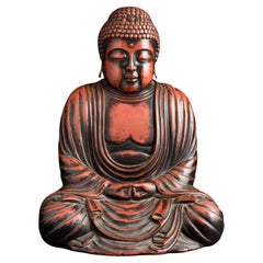 Korean Red-Lacquered Carved Buddha Sculpture, 17th/18th Century, Antique Art.