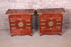 Korean Rosewood and Brass Bedside Chests or Commodes, Pair