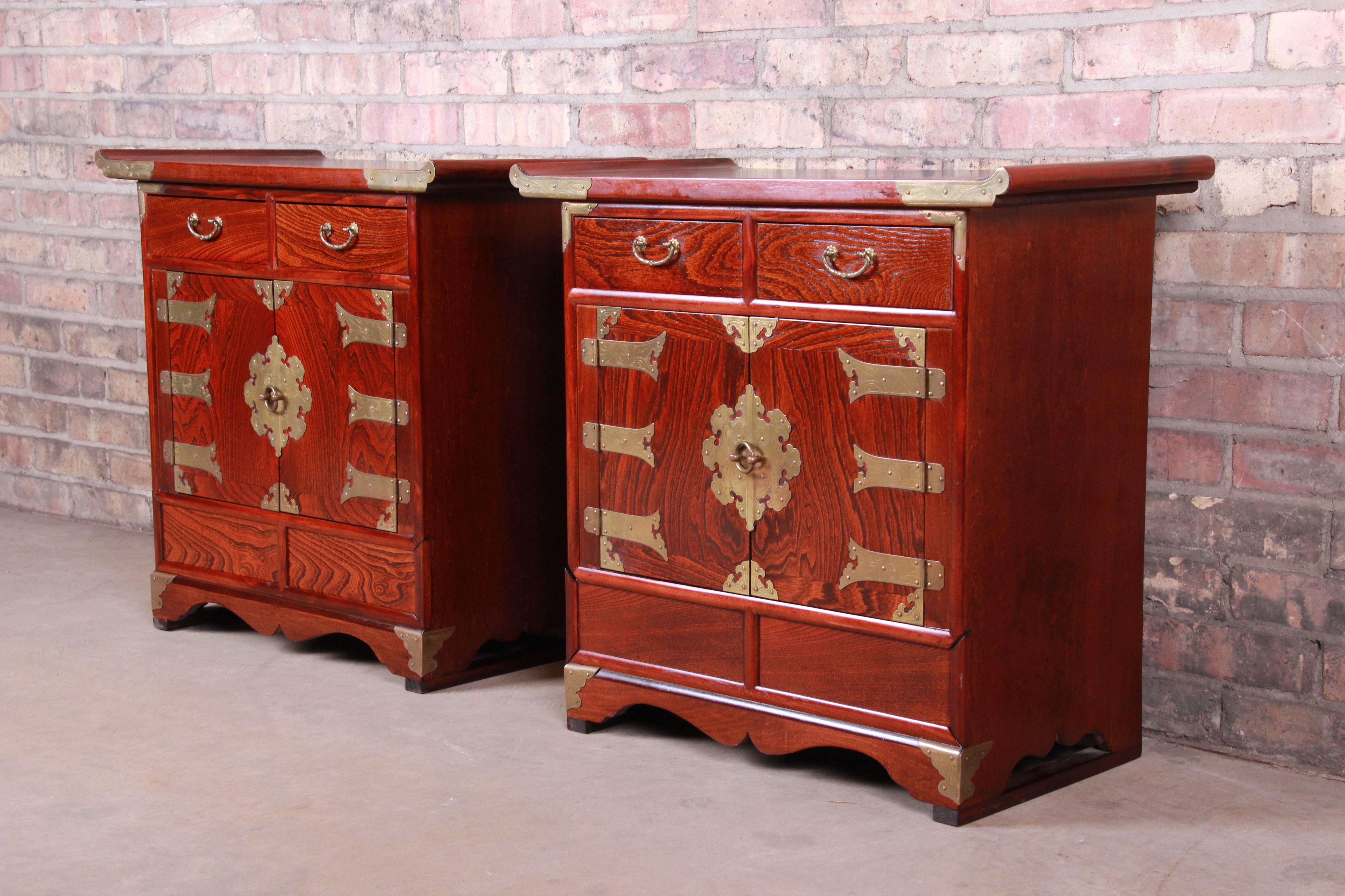 Mid-Century Modern Korean Rosewood and Brass Bedside Chests or Commodes, Pair