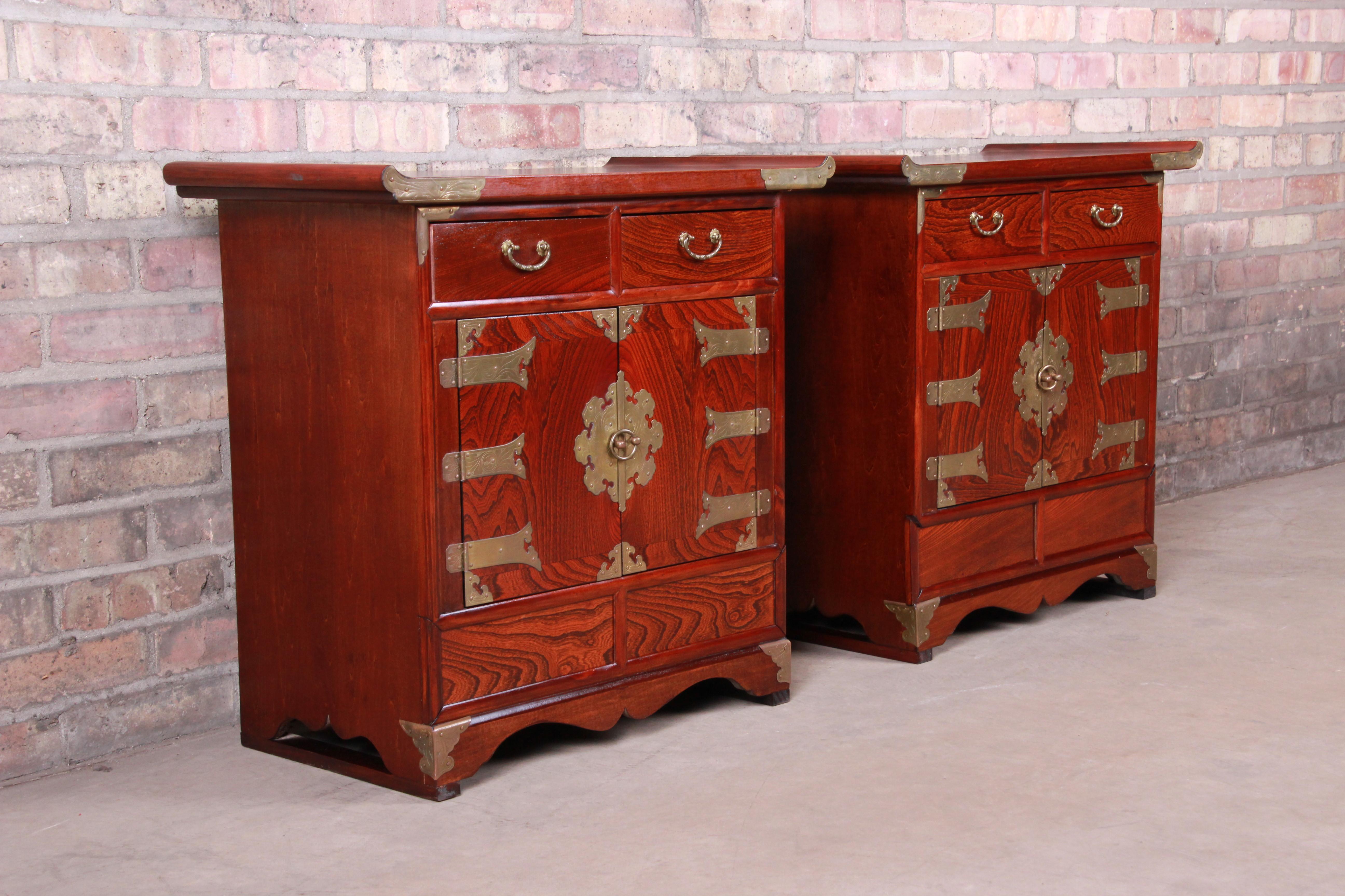 Korean Rosewood and Brass Bedside Chests or Commodes, Pair In Good Condition In South Bend, IN