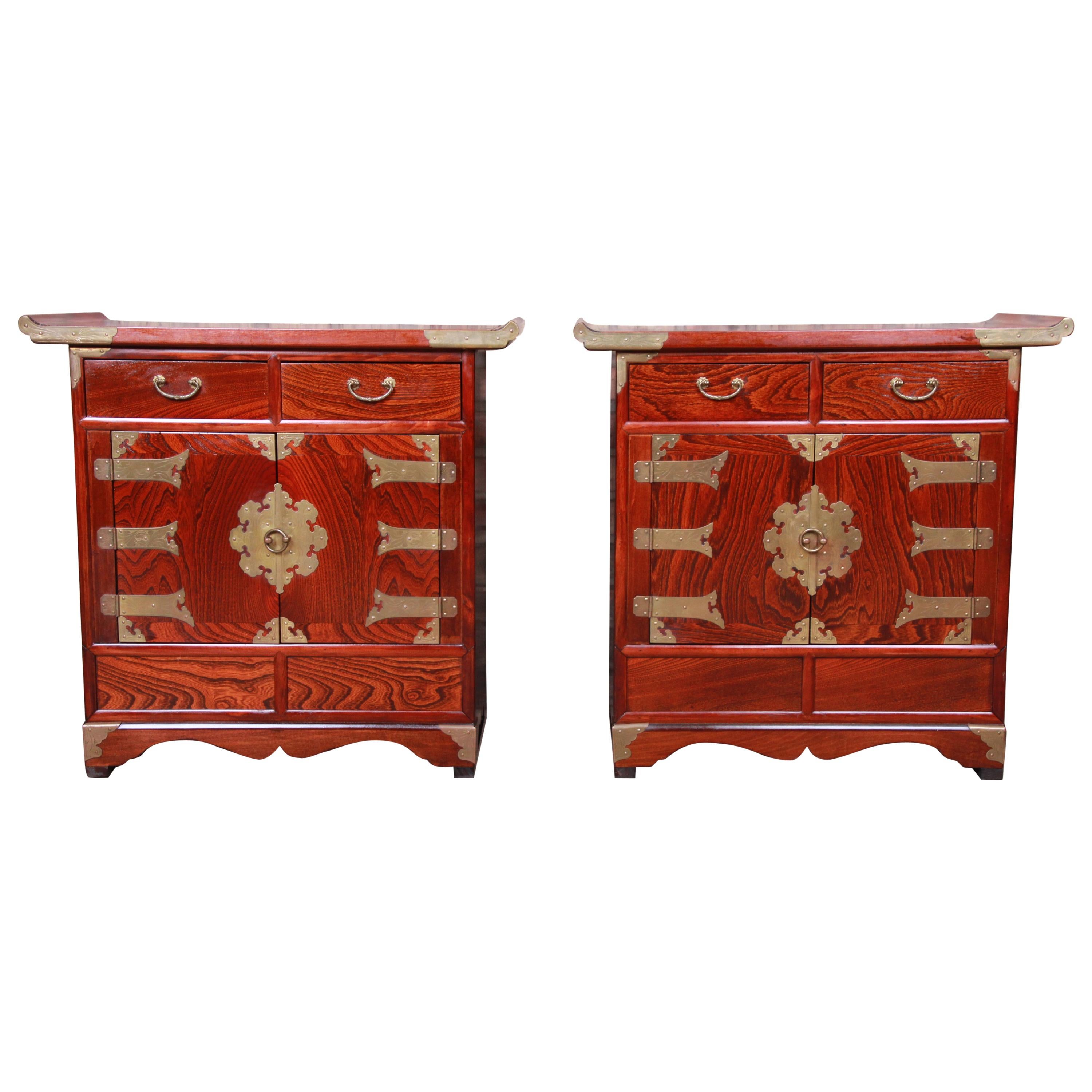 Korean Rosewood and Brass Bedside Chests or Commodes, Pair