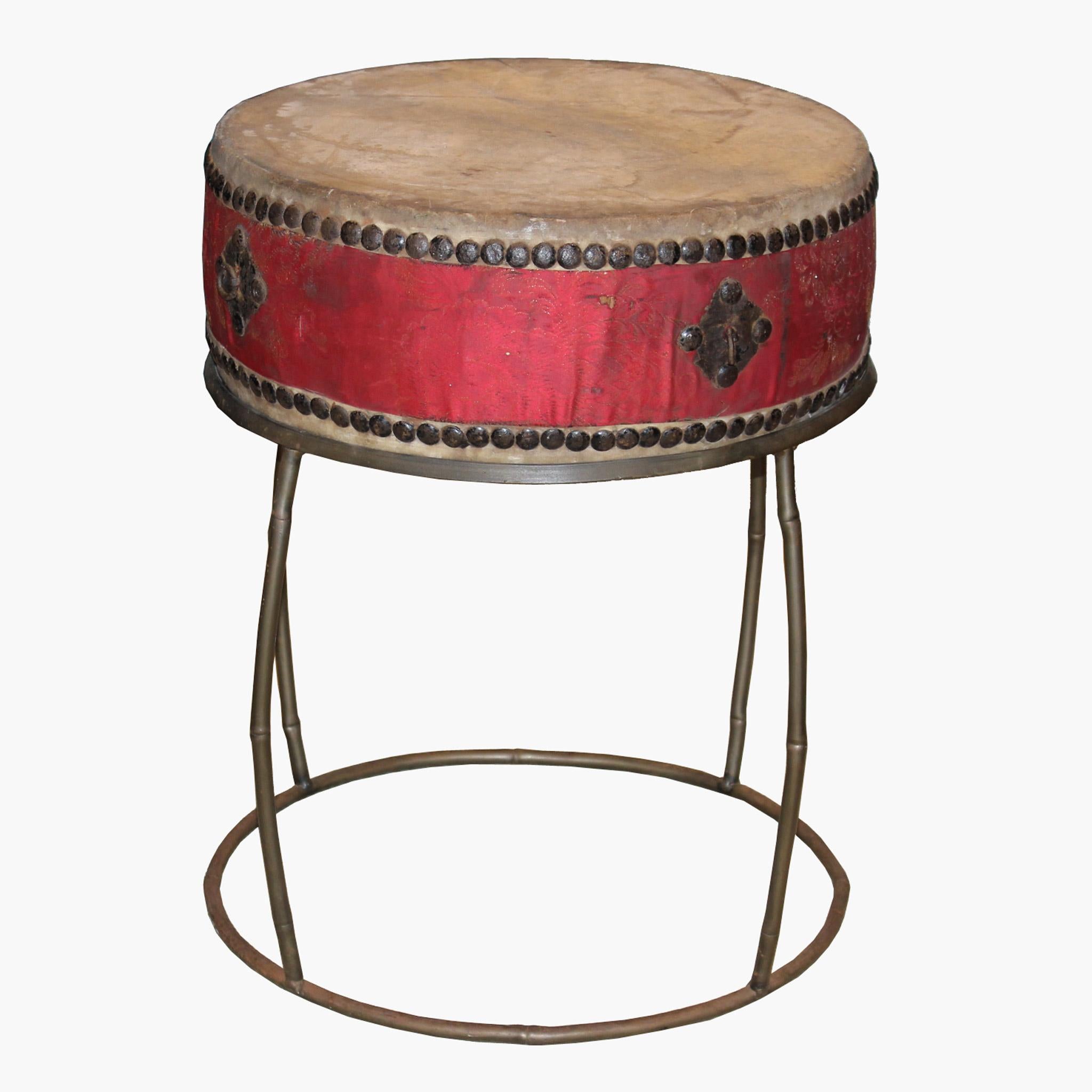 Korean shaman's drum on a custom iron bamboo motif stand. Originally used by a shaman in Korean villages during ceremonial events. Wrapped in red silk fabric.