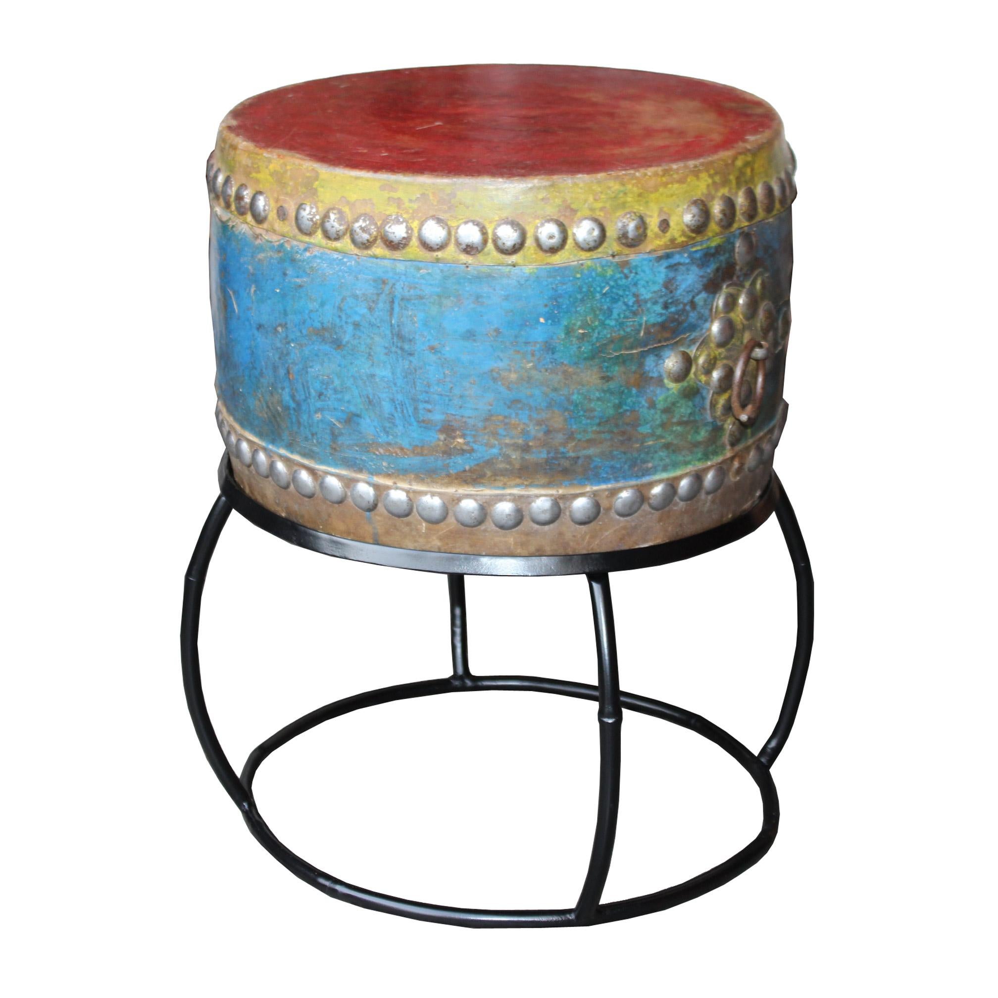 Antique Korean shaman's drum on contemporary custom made stand. Used for ceremonies, rituals and folk dancing in villages to promote positive outcome. Colorful drum sits on a metal stand.