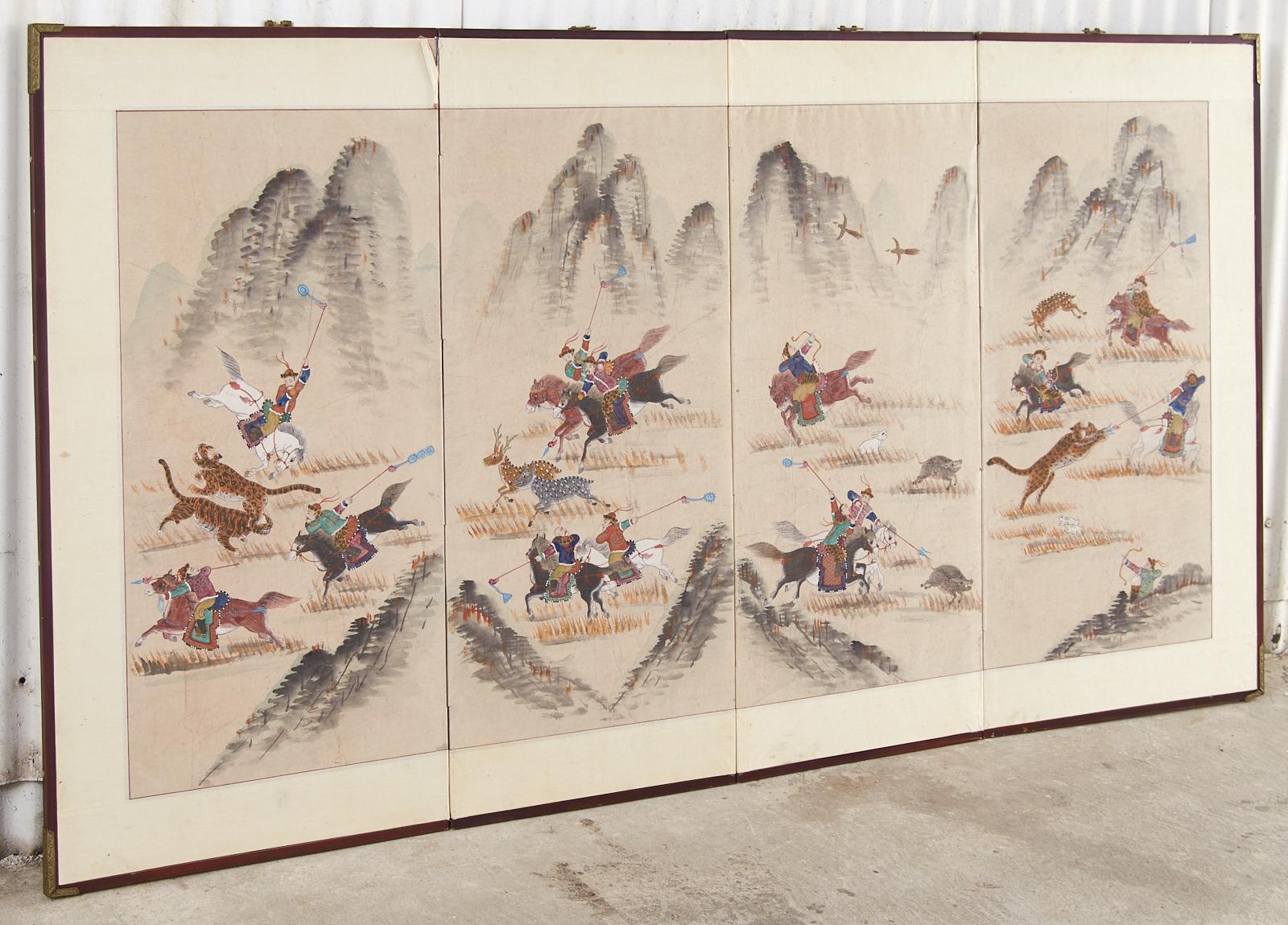 Hand-Crafted Korean Showa Four Panel Screen Tartars Hunting Landscape