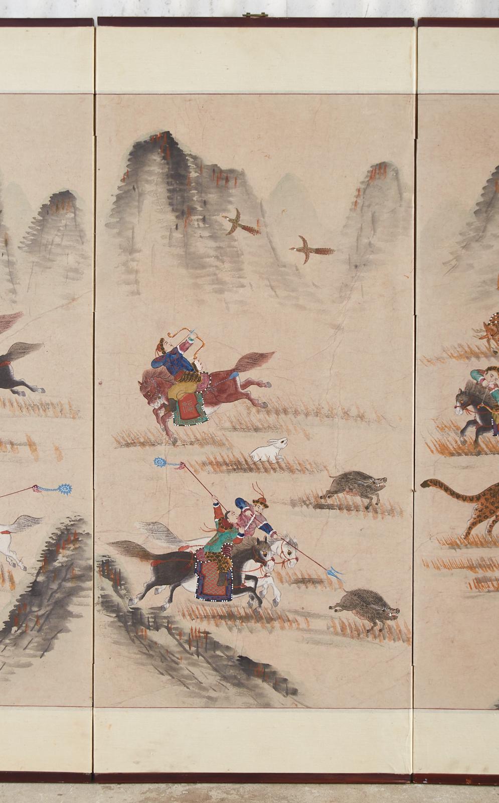 20th Century Korean Showa Four Panel Screen Tartars Hunting Landscape