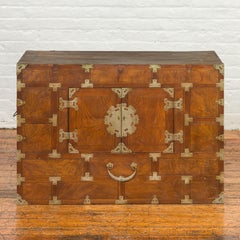 Korean Side Cabinet with Geometric Façade, Brass Hardware and Double Doors