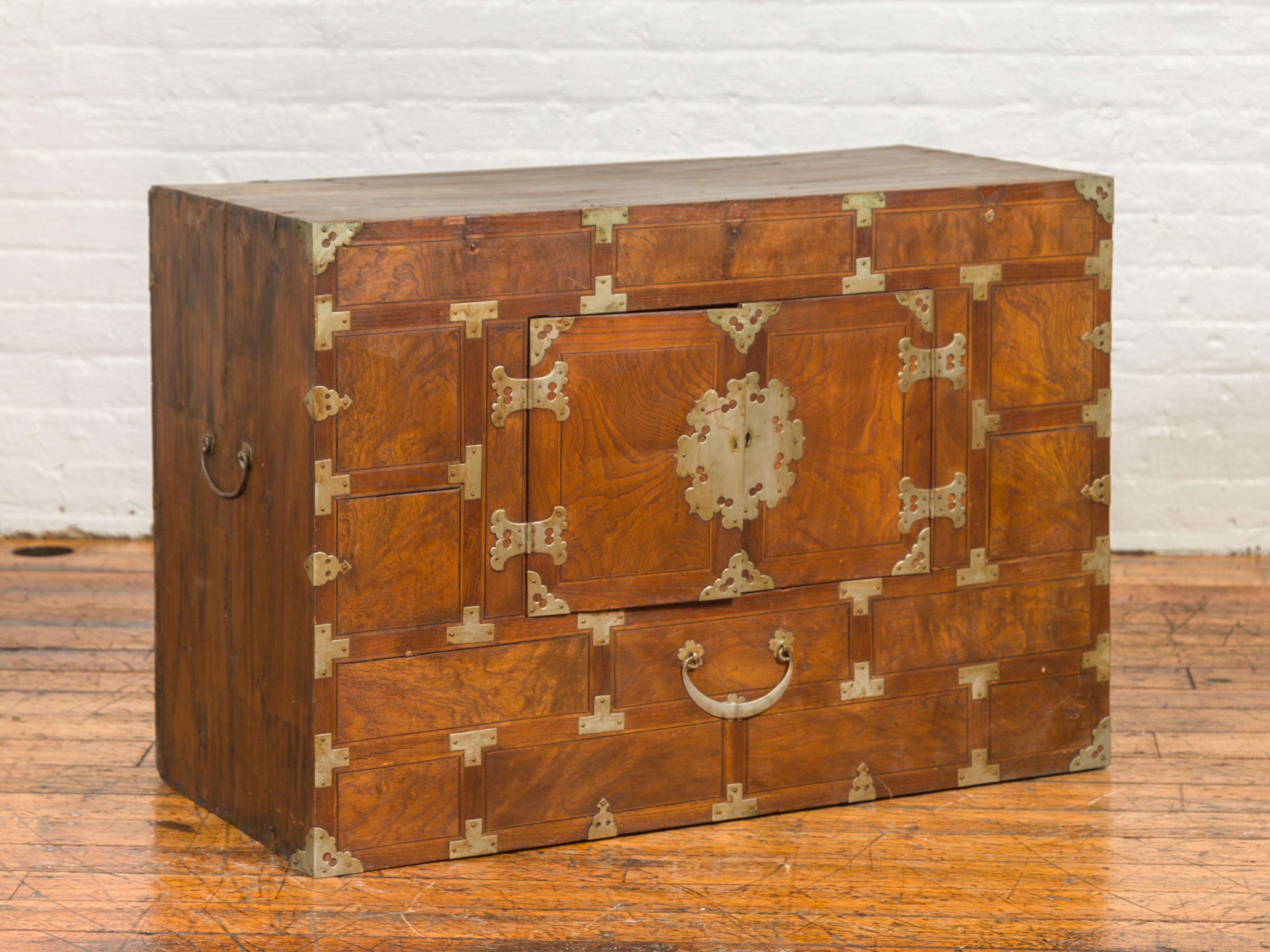 20th Century Korean Side Cabinet with Geometric Façade, Brass Hardware and Double Doors For Sale