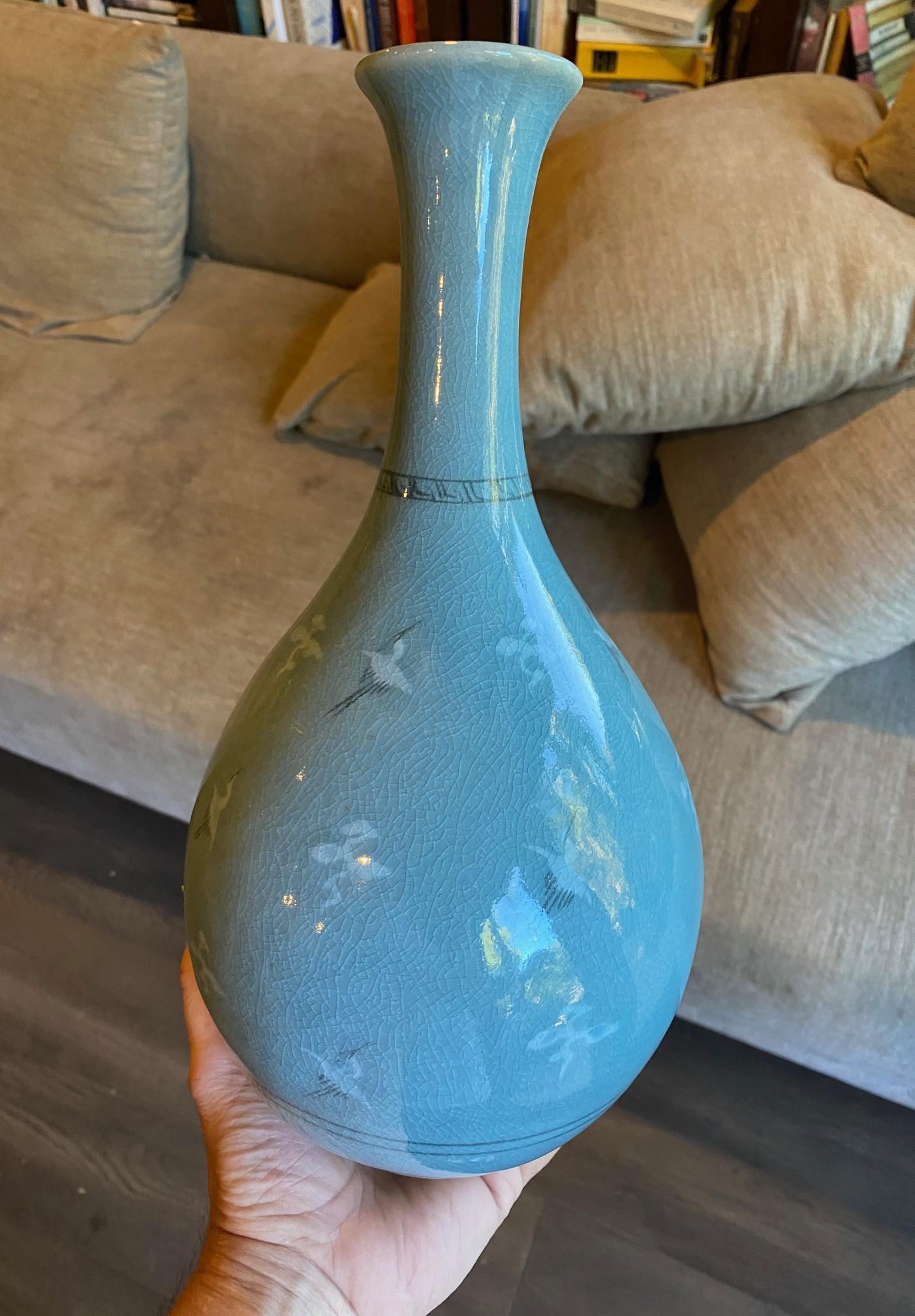 Korean Signed & Stamped Celadon Ceramic Blue Green Crackle Glazed Cranes Vase For Sale 6
