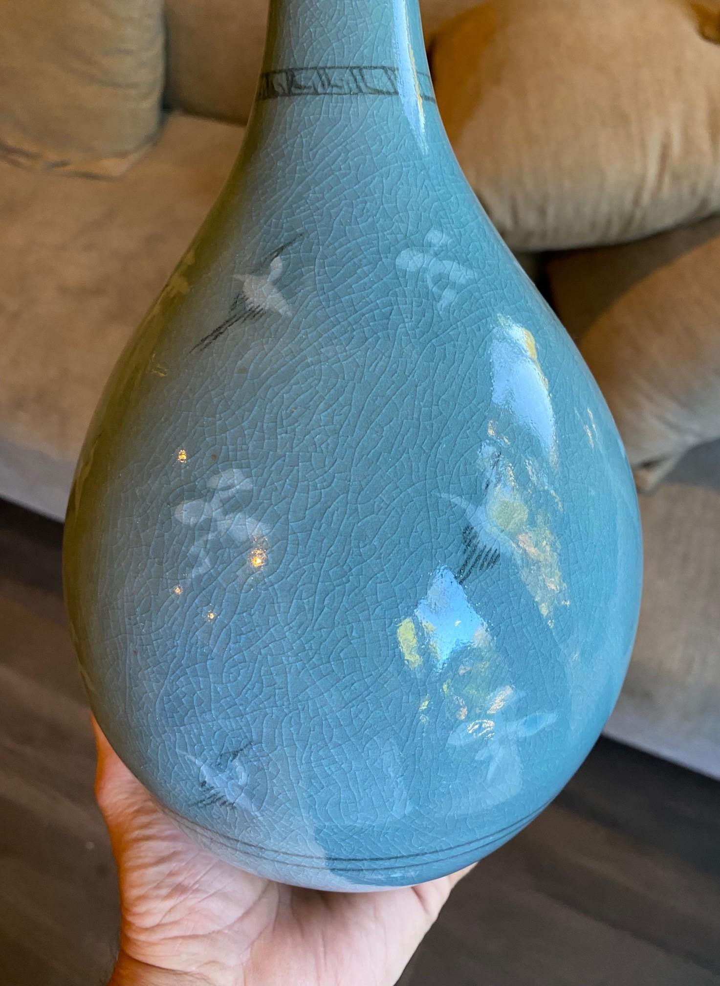 Korean Signed & Stamped Celadon Ceramic Blue Green Crackle Glazed Cranes Vase For Sale 7