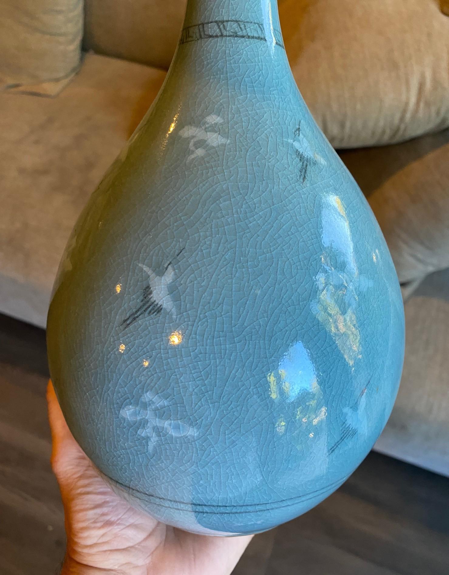 Korean Signed & Stamped Celadon Ceramic Blue Green Crackle Glazed Cranes Vase For Sale 9