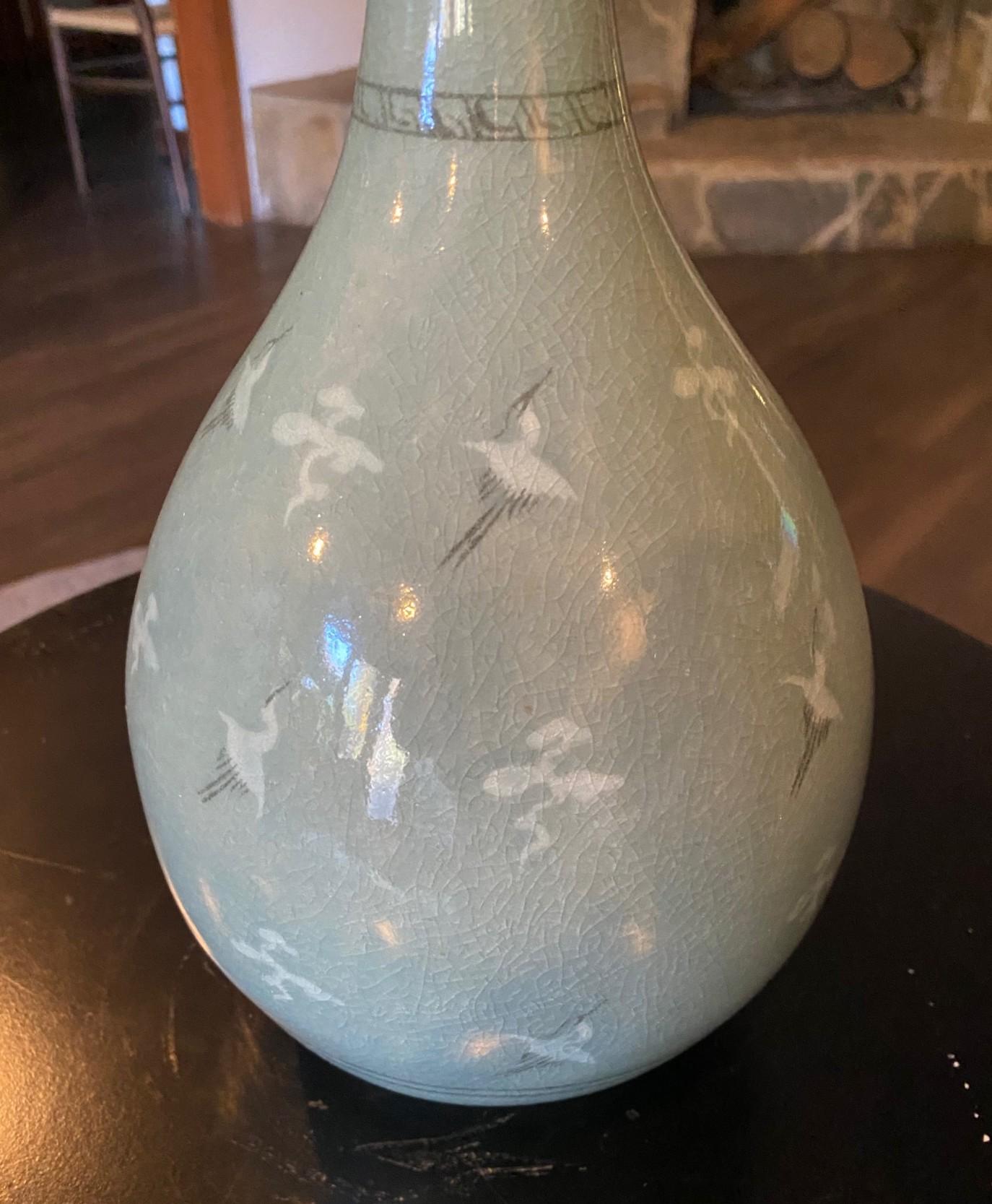 Folk Art Korean Signed & Stamped Celadon Ceramic Blue Green Crackle Glazed Cranes Vase For Sale
