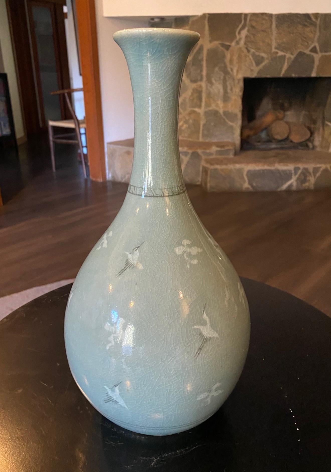 20th Century Korean Signed & Stamped Celadon Ceramic Blue Green Crackle Glazed Cranes Vase For Sale
