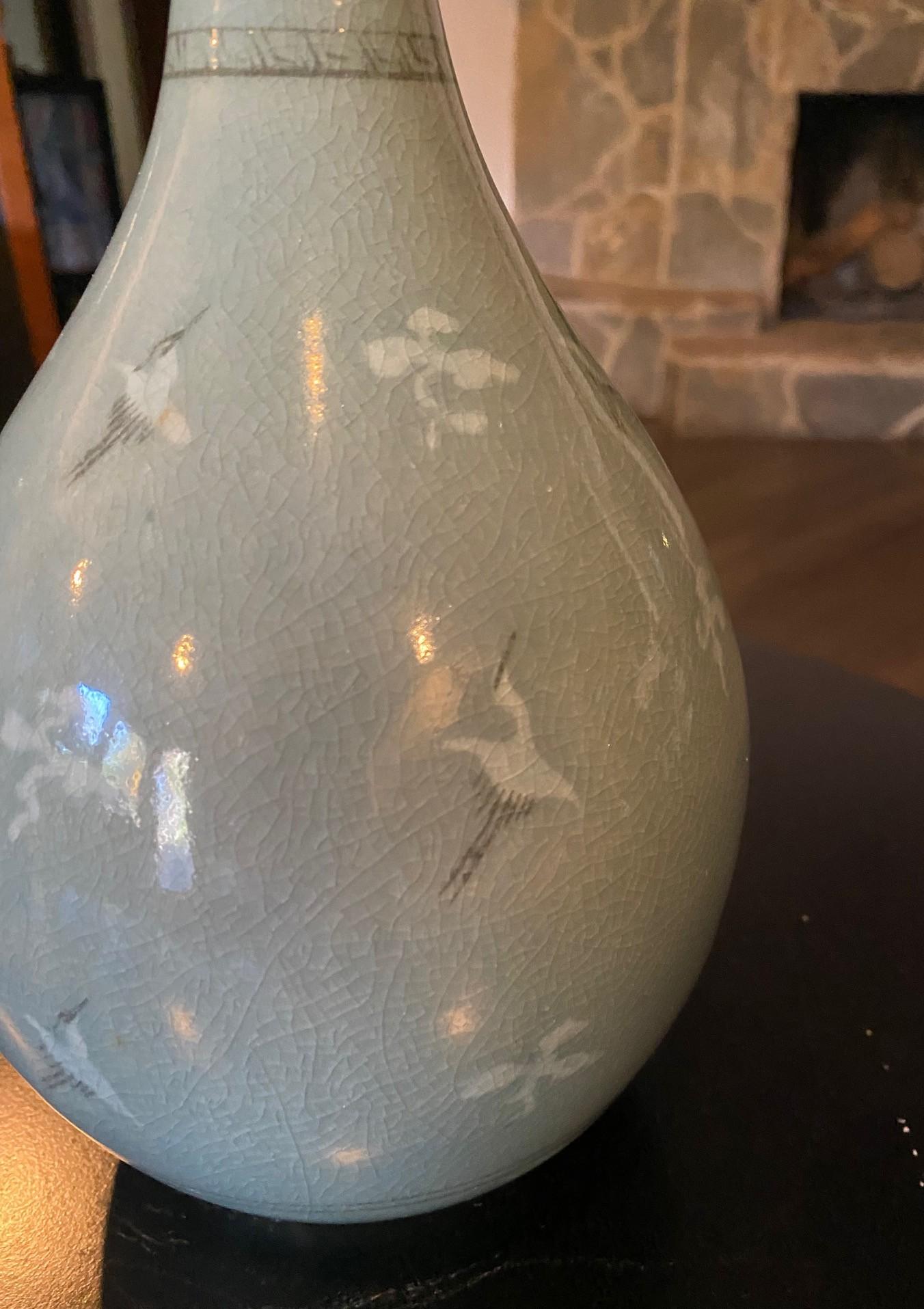 Korean Signed & Stamped Celadon Ceramic Blue Green Crackle Glazed Cranes Vase For Sale 1