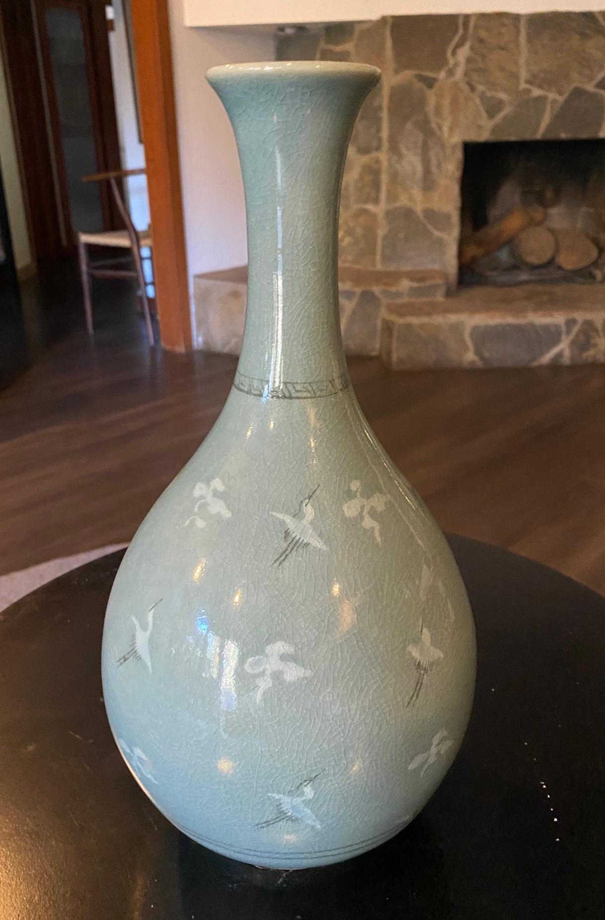 Korean Signed & Stamped Celadon Ceramic Blue Green Crackle Glazed Cranes Vase For Sale 2