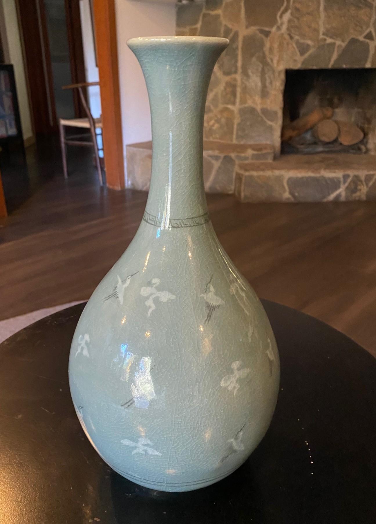 Korean Signed & Stamped Celadon Ceramic Blue Green Crackle Glazed Cranes Vase For Sale 4