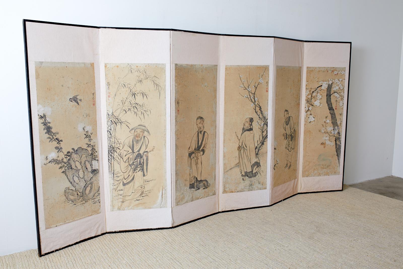Meiji period Korean six-panel screen depicting legendary Chinese figures on individual panels with birds and blossoming flowers. Each panel is signed Kakusai (studio of the crane) in Japanese with a seal. Ink and color pigments on paper mounted to
