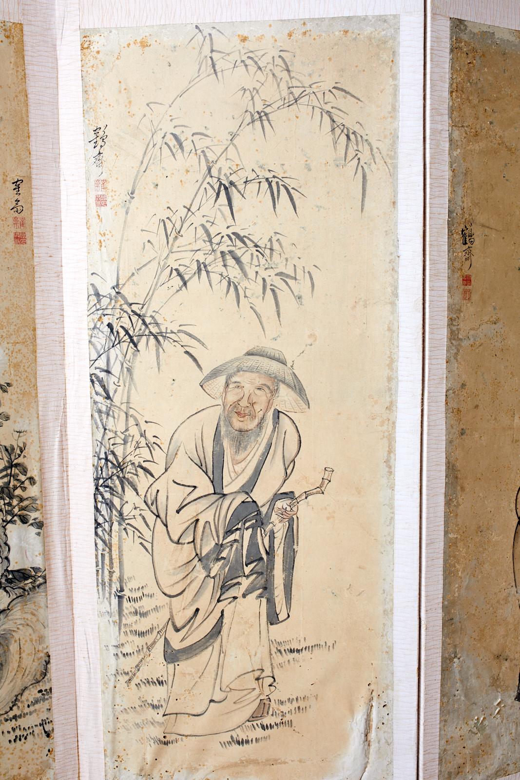 Lacquered Korean Six-Panel Screen of Legendary Chinese Figures For Sale