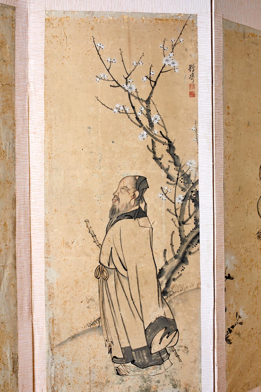20th Century Korean Six-Panel Screen of Legendary Chinese Figures For Sale