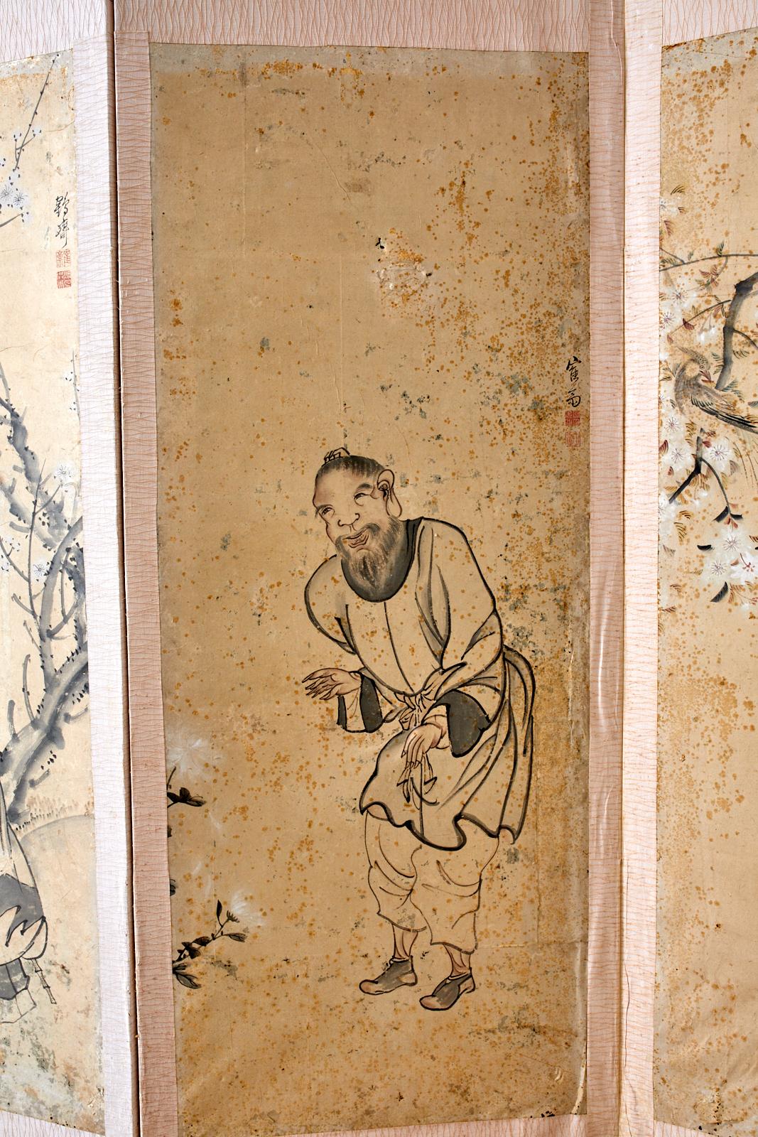 Wood Korean Six-Panel Screen of Legendary Chinese Figures For Sale
