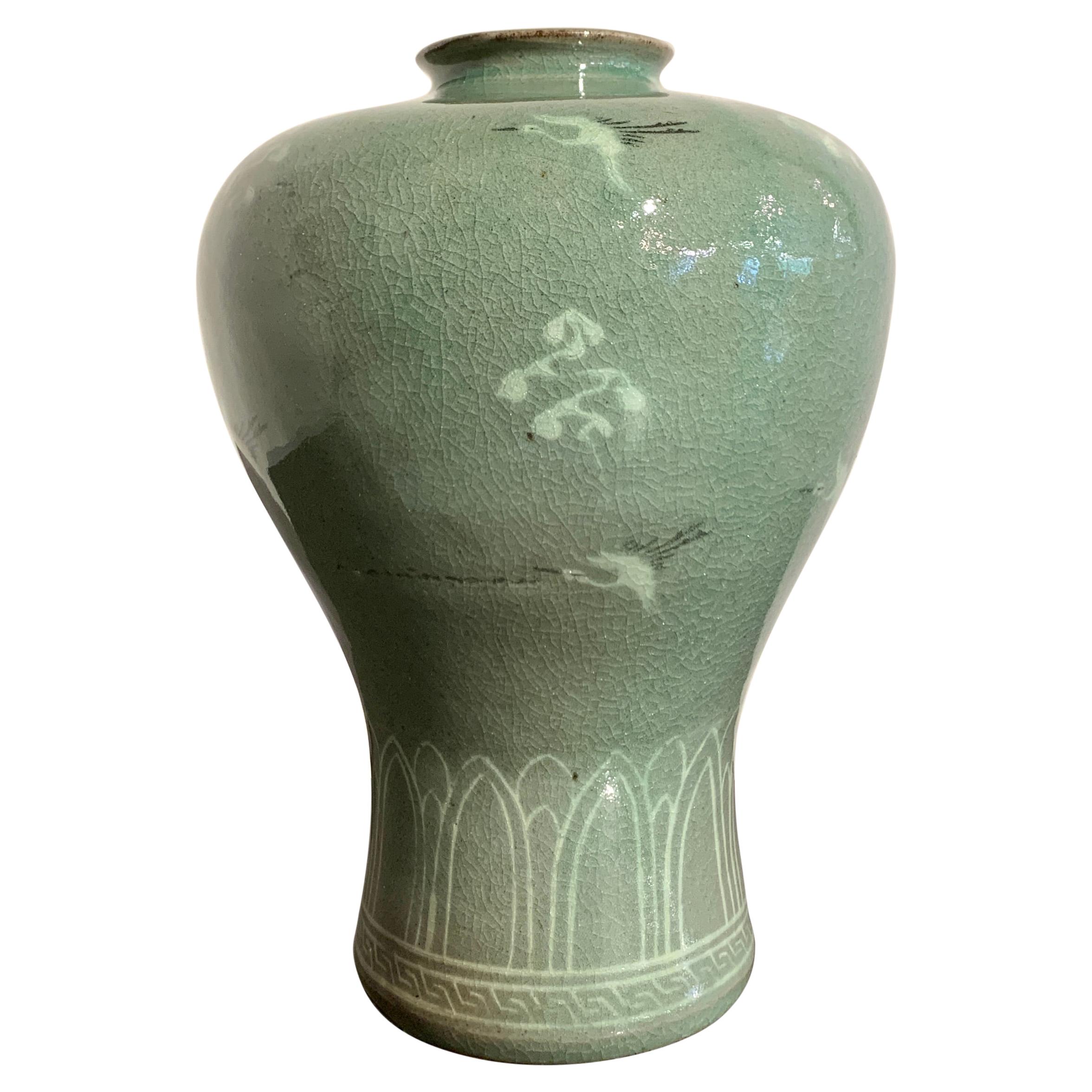 Korean Slip Inlaid Celadon Maebyeong Vase, Mid 20th Century