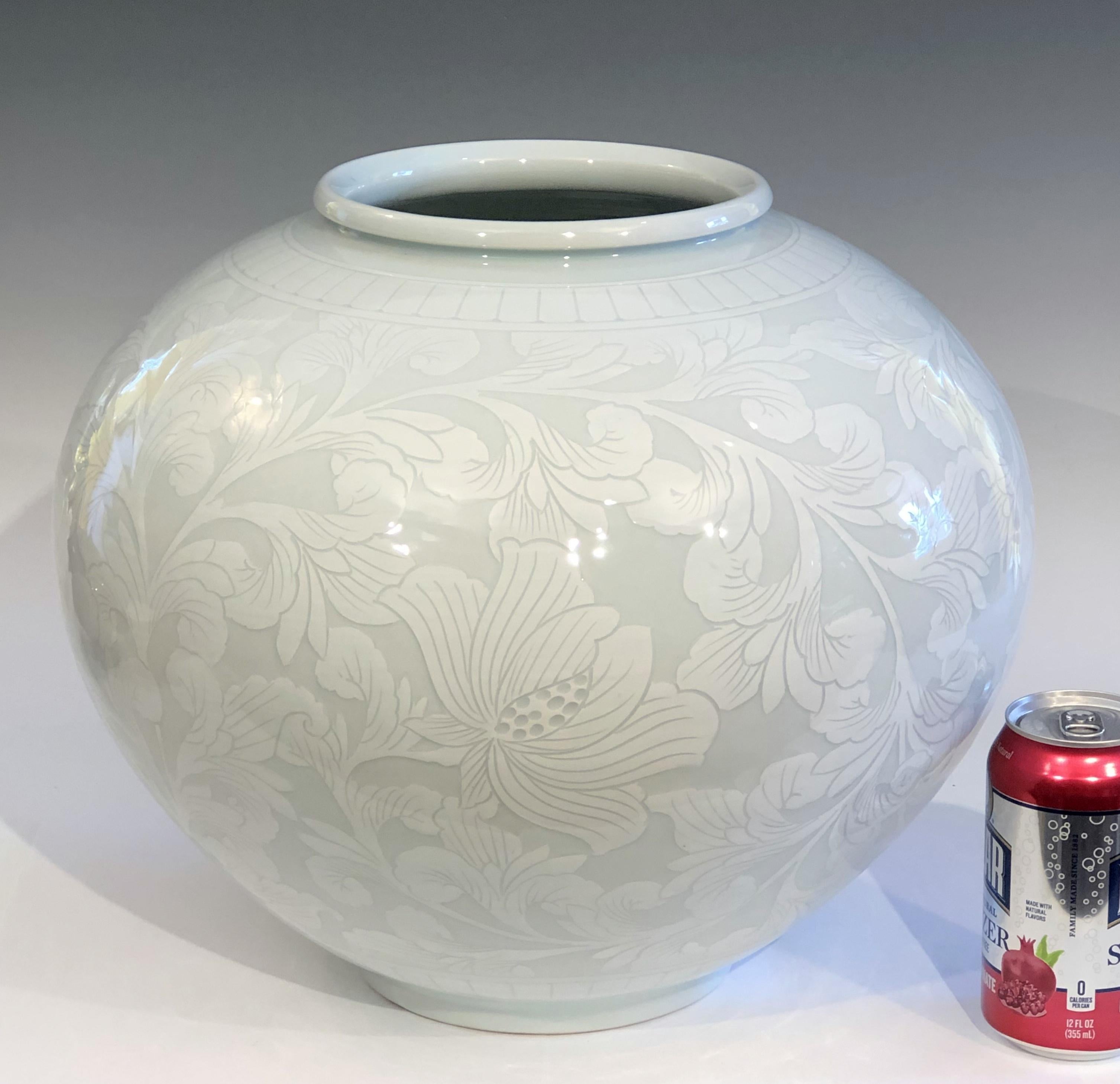 Contemporary Korean Studio Porcelain Large Moon White Vase Carved Slip Peony Scroll Jar