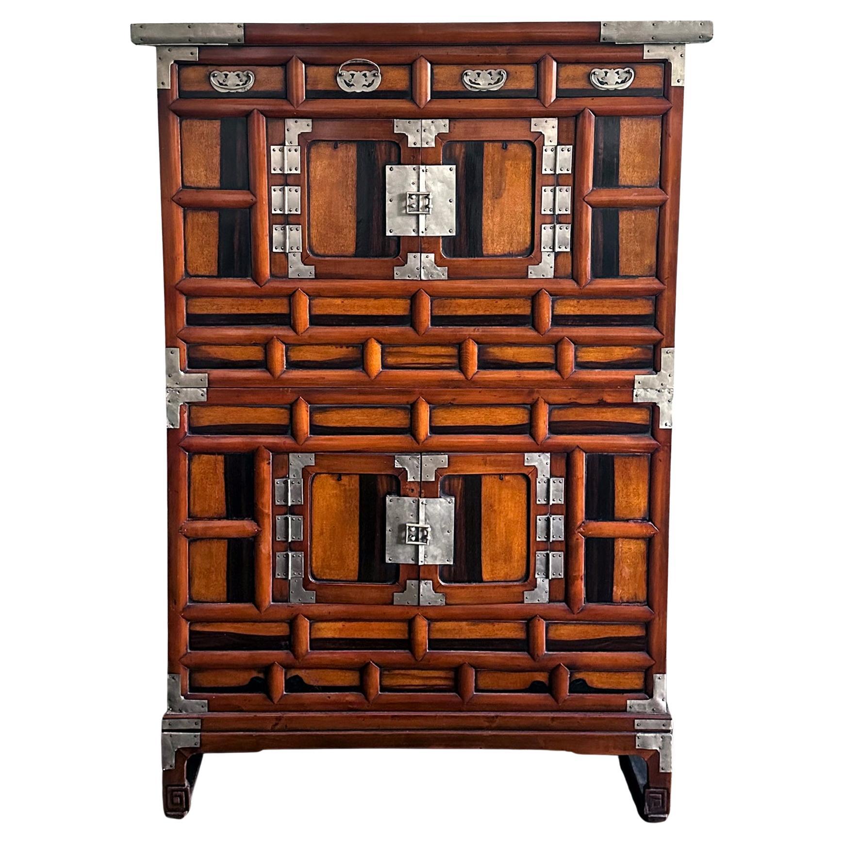Korean Two-Level Stacking Chests with Mirrored Persimmon Wood Panels