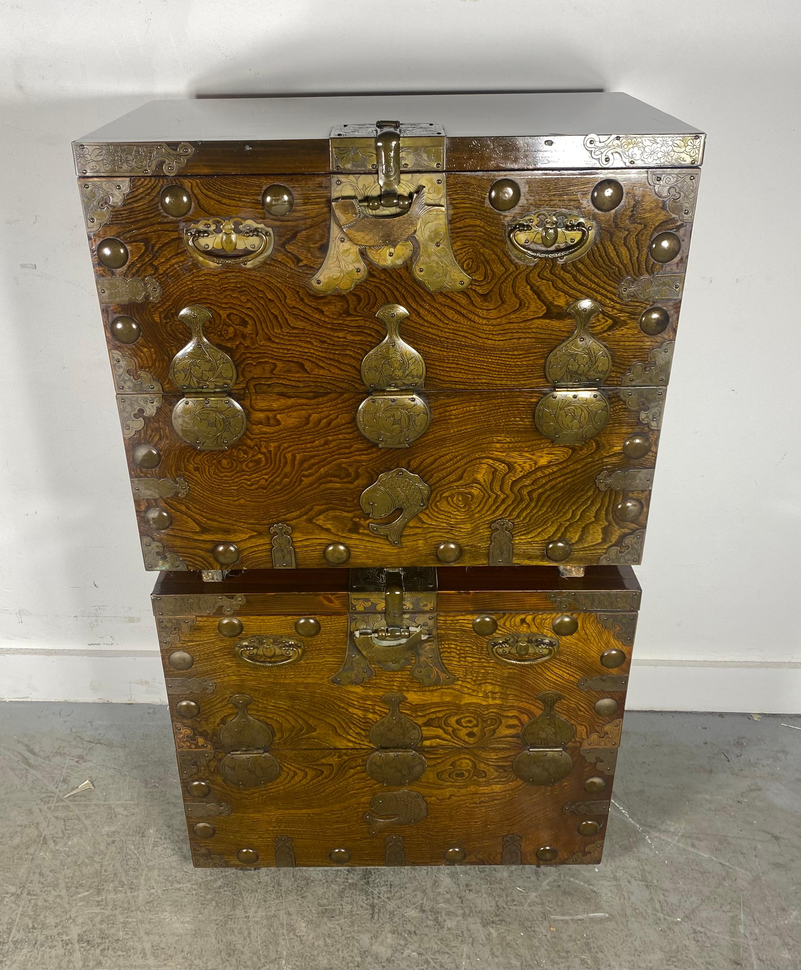  Korean Wedding Bandaji Chest Joseon Dynasty style.A Korean Bandaji chest circa late early to mid 20th century of Joseon Dynasty. Known as drop front half opening chest, Bandaji was traditionally used to store household valuables and beddings,,,,On
