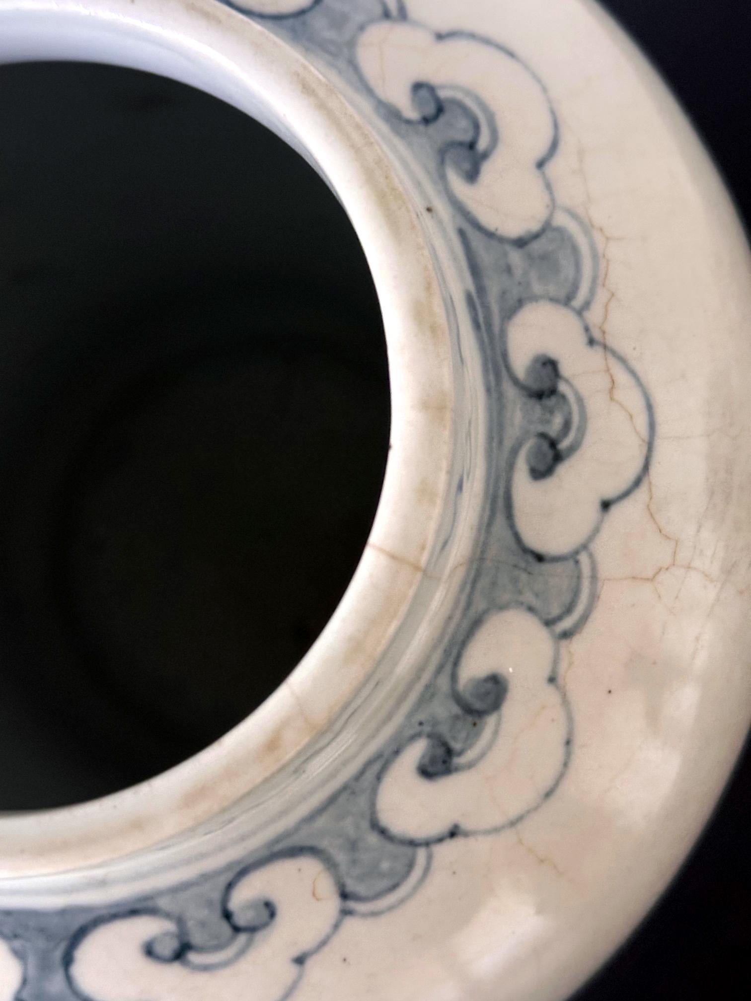 Korean White Ceramic Jar with Blue Underglaze Painting Joseon Dynasty For Sale 9