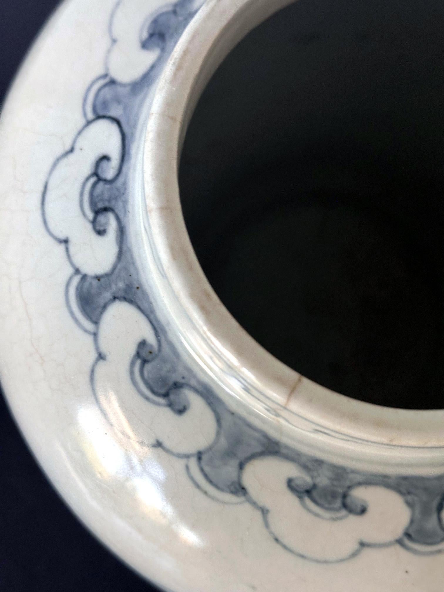Korean White Ceramic Jar with Blue Underglaze Painting Joseon Dynasty For Sale 11