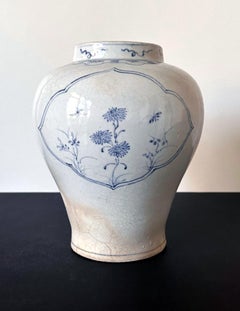 Korean White Ceramic Jar with Blue Underglaze Painting Joseon Dynasty