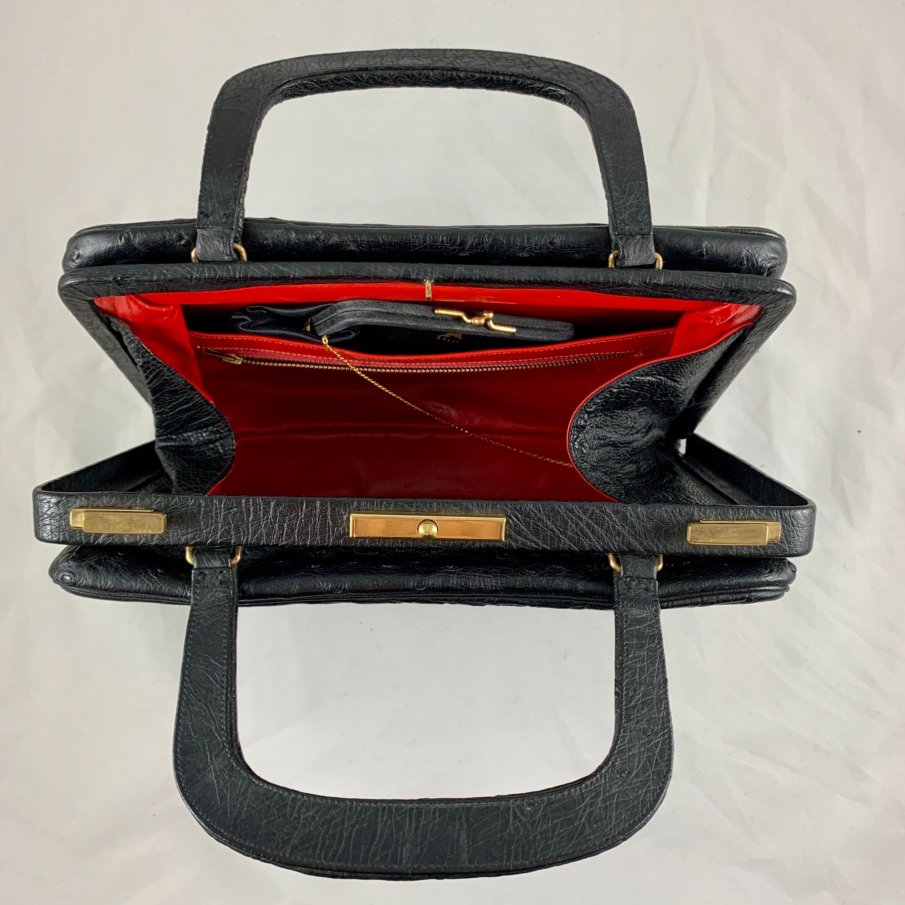 Koret Black Ostrich, Red Leather Structured Ladies Handbag and Coin Purse 2