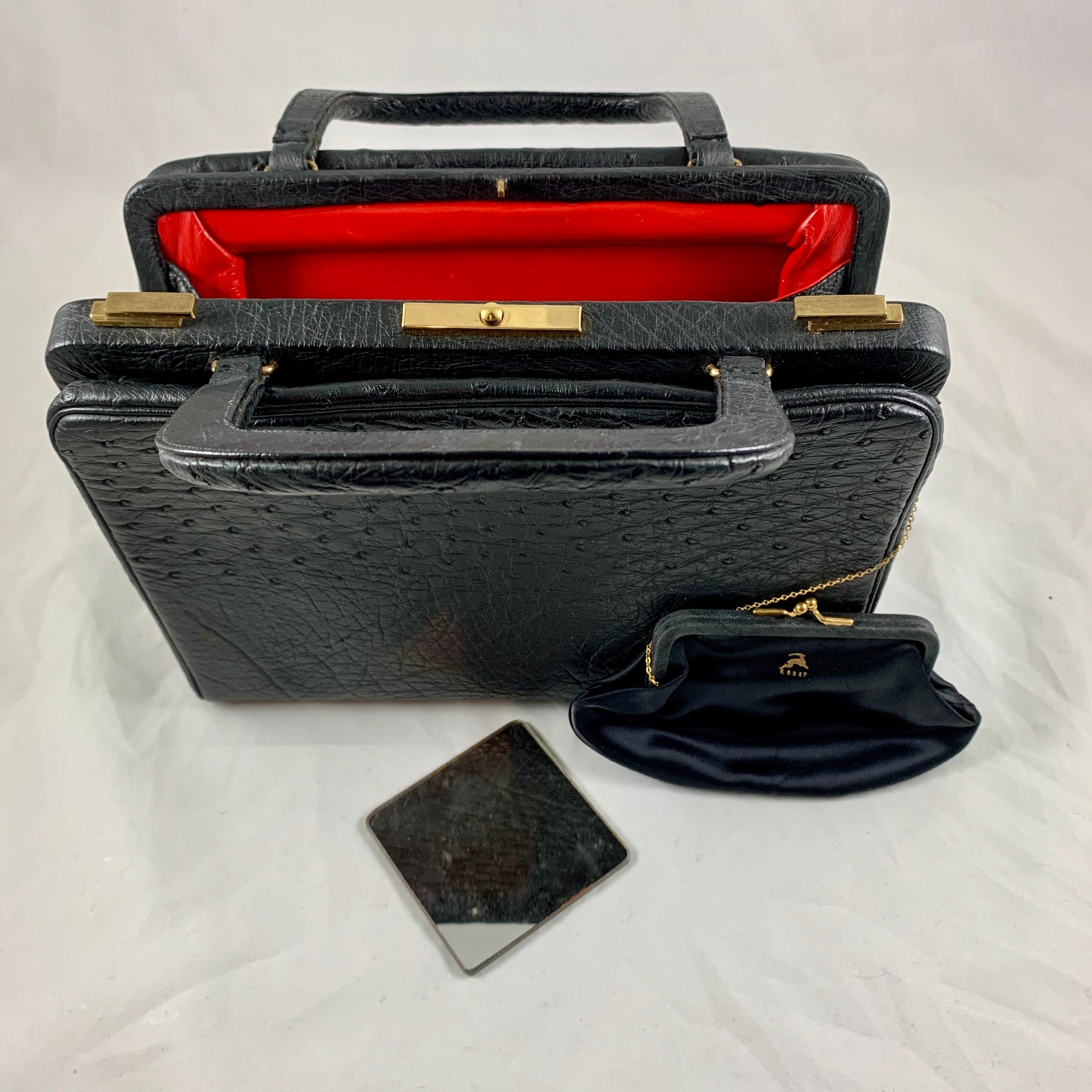 Koret Black Ostrich, Red Leather Structured Ladies Handbag and Coin Purse 3