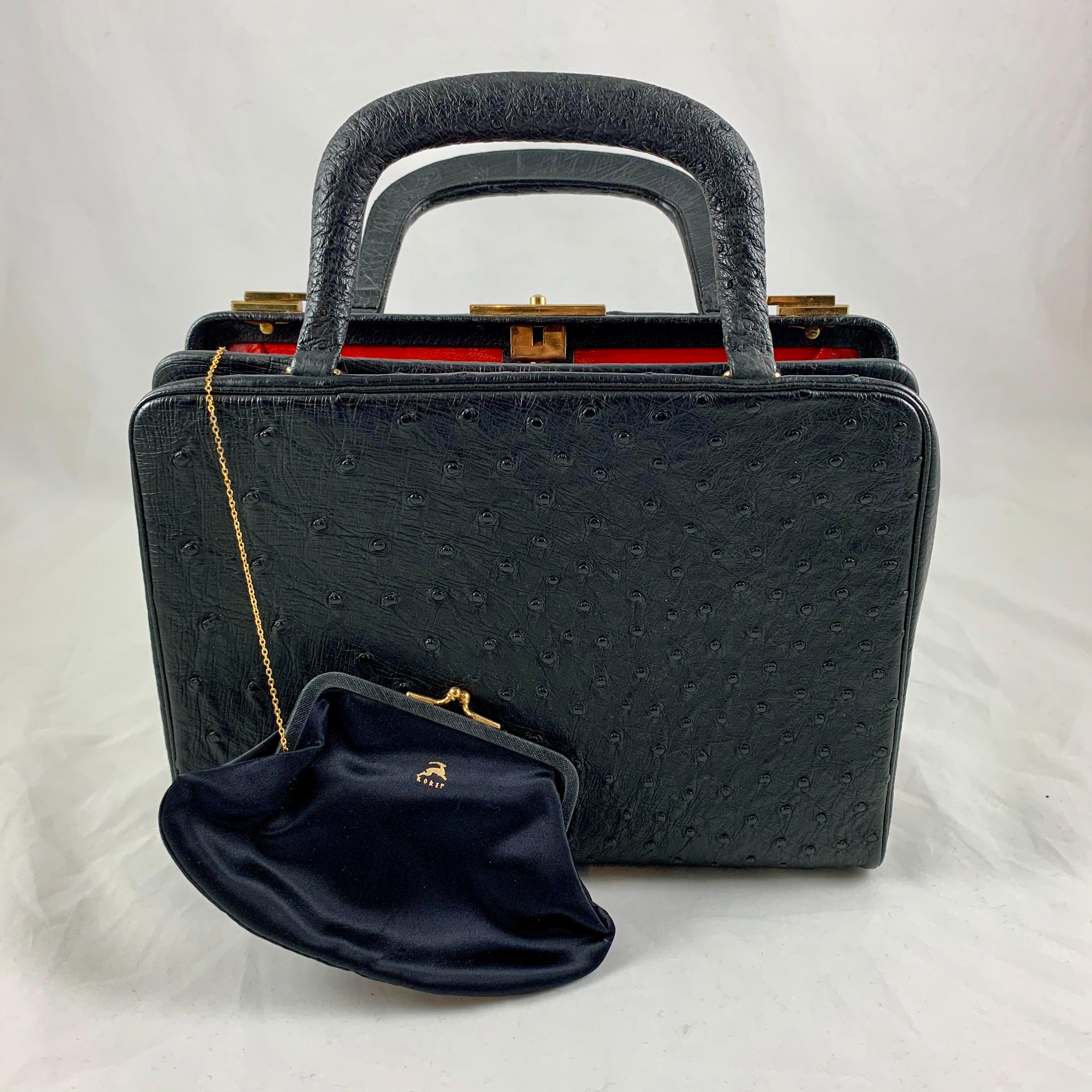 From the mid-late 1950s to early 1960s, a structured, black Ostrich handbag made by Koret, NYC.
Koret was established in 1929 by Richard Koret. By the 1940s the company was a leader in the handbag industry, combining great design with quality