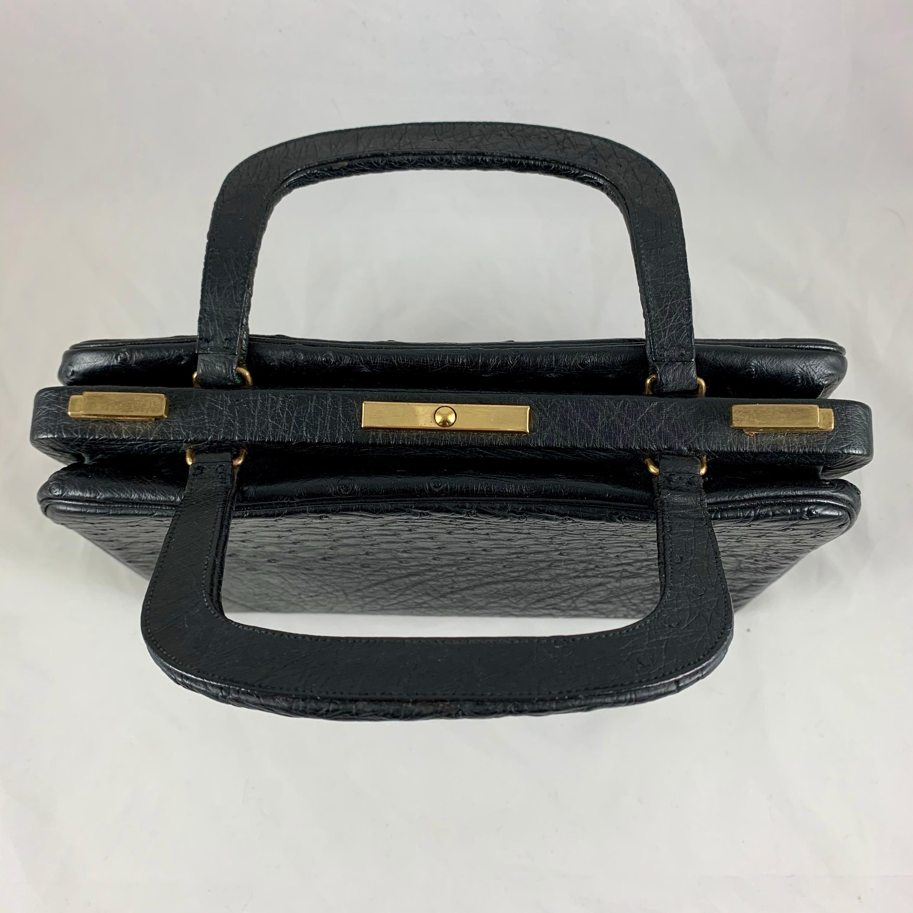 Hand-Crafted Koret Black Ostrich, Red Leather Structured Ladies Handbag and Coin Purse For Sale