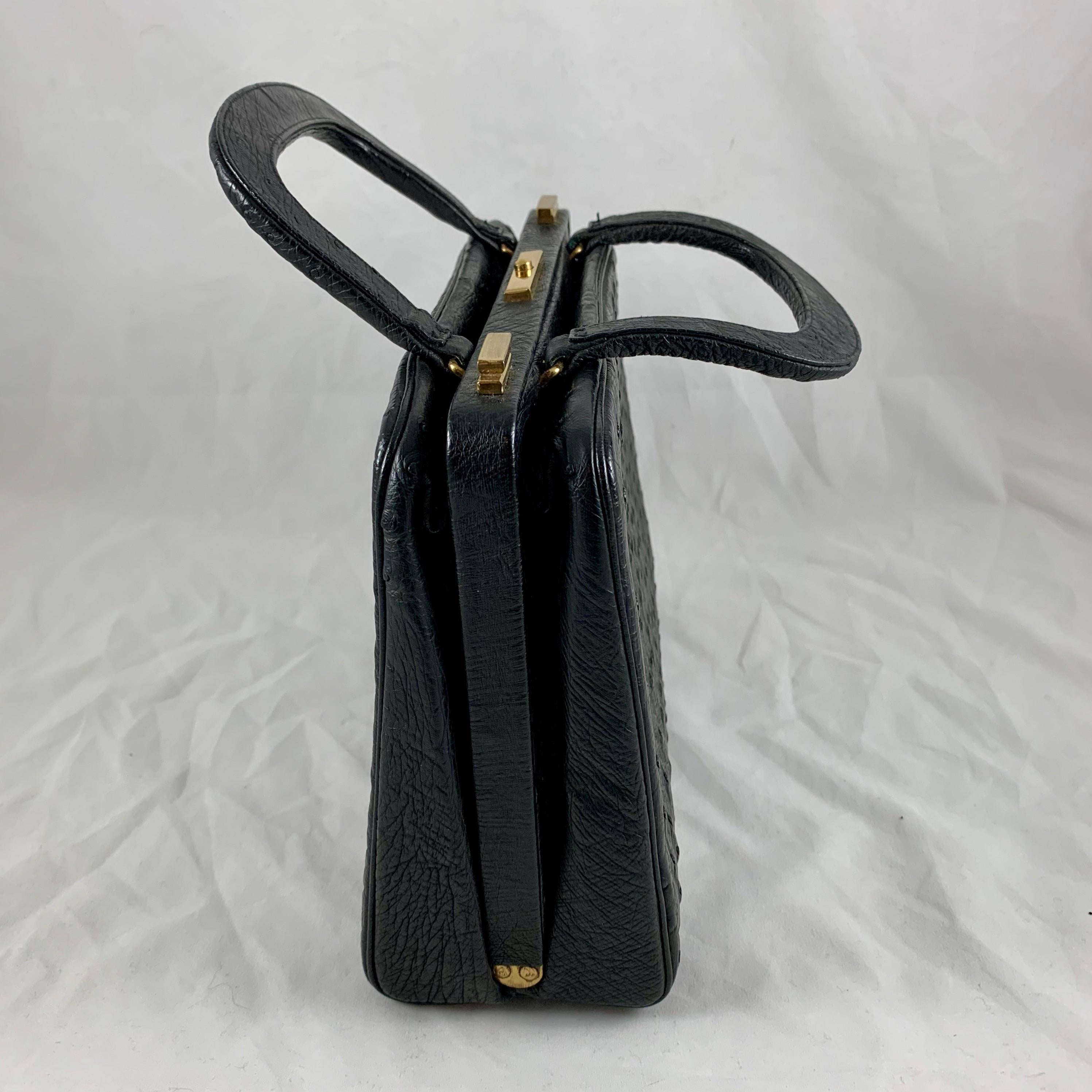 Koret Black Ostrich, Red Leather Structured Ladies Handbag and Coin Purse In Good Condition For Sale In Philadelphia, PA