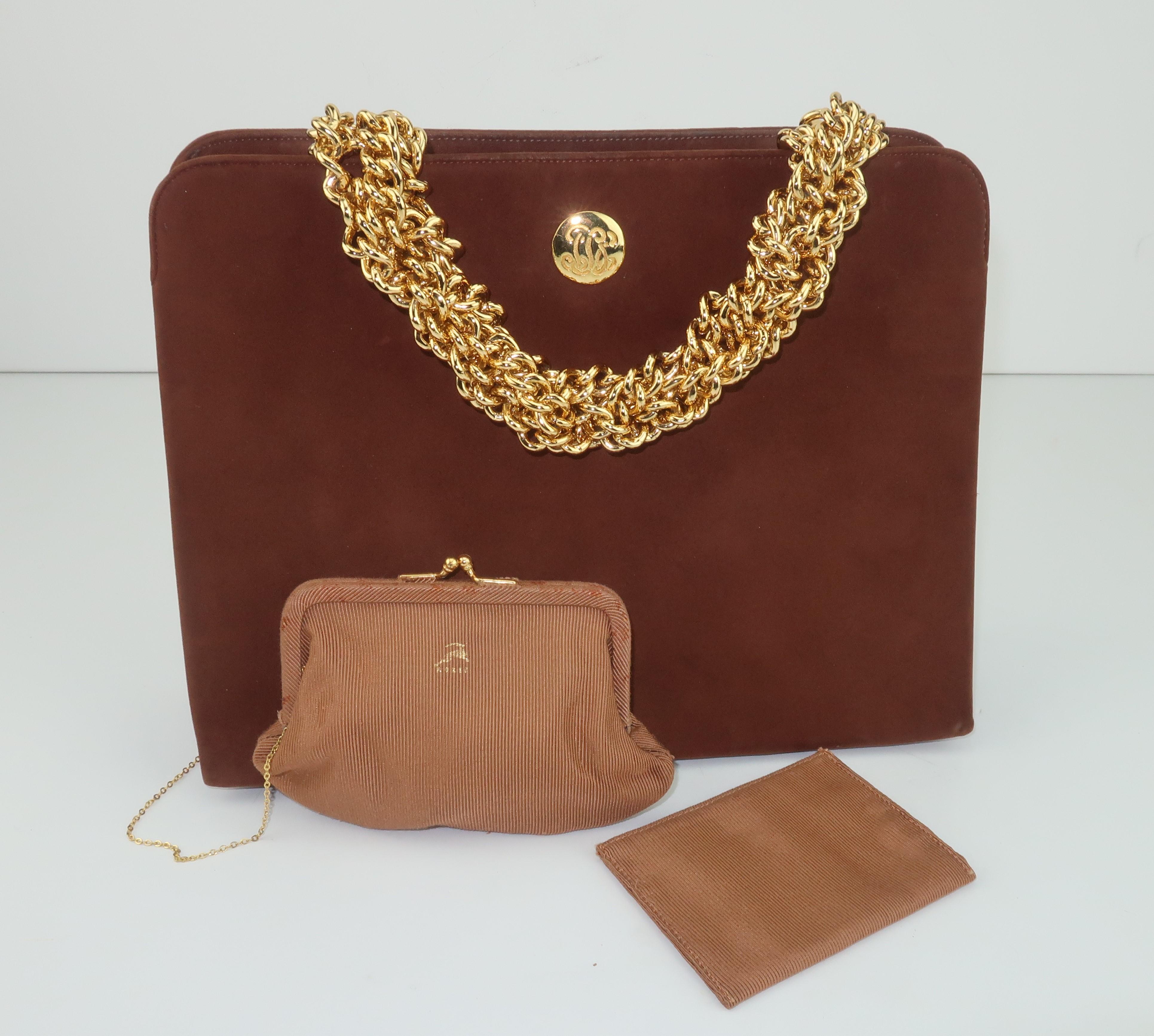Koret Brown Suede Handbag With Chunky Gold Chain Handle, 1960's 7