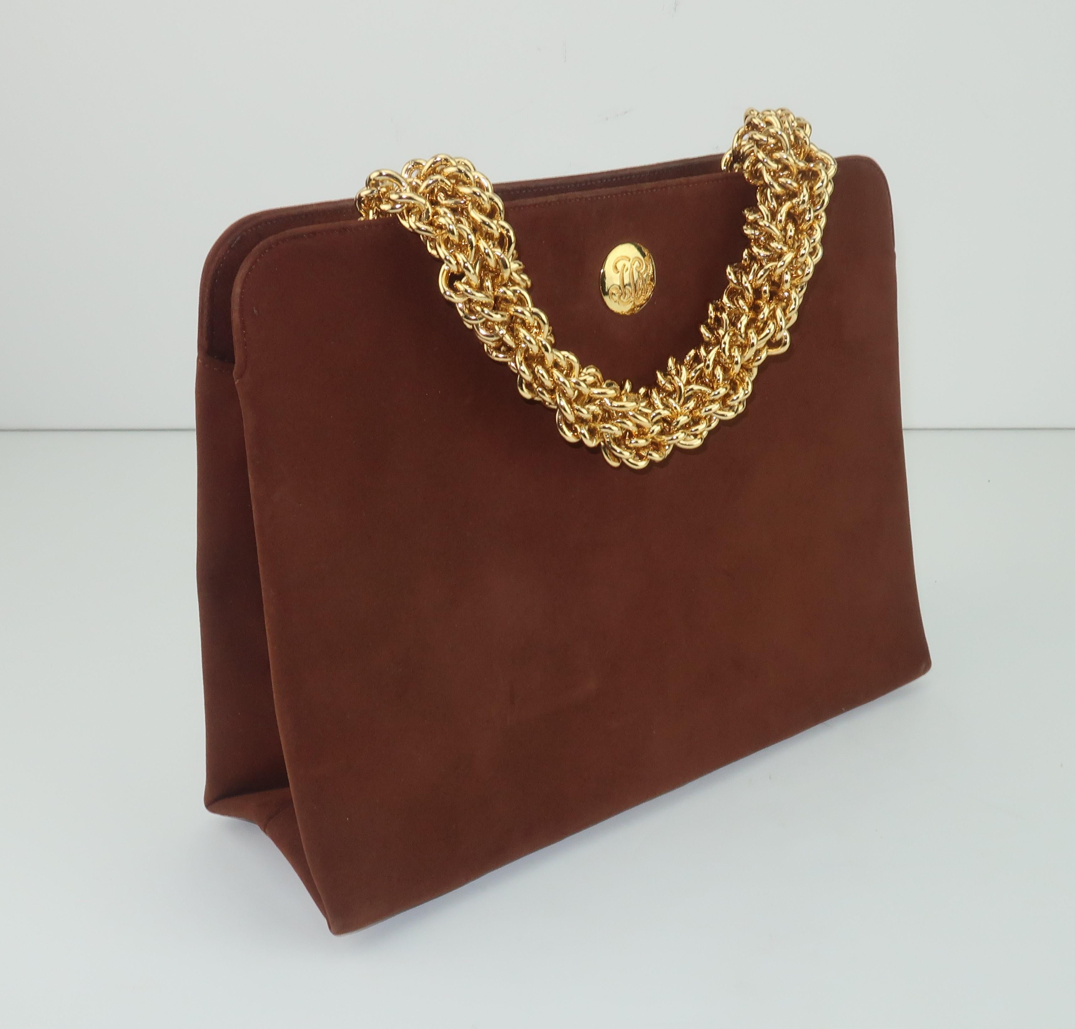 Koret Brown Suede Handbag With Chunky Gold Chain Handle, 1960's In Fair Condition In Atlanta, GA