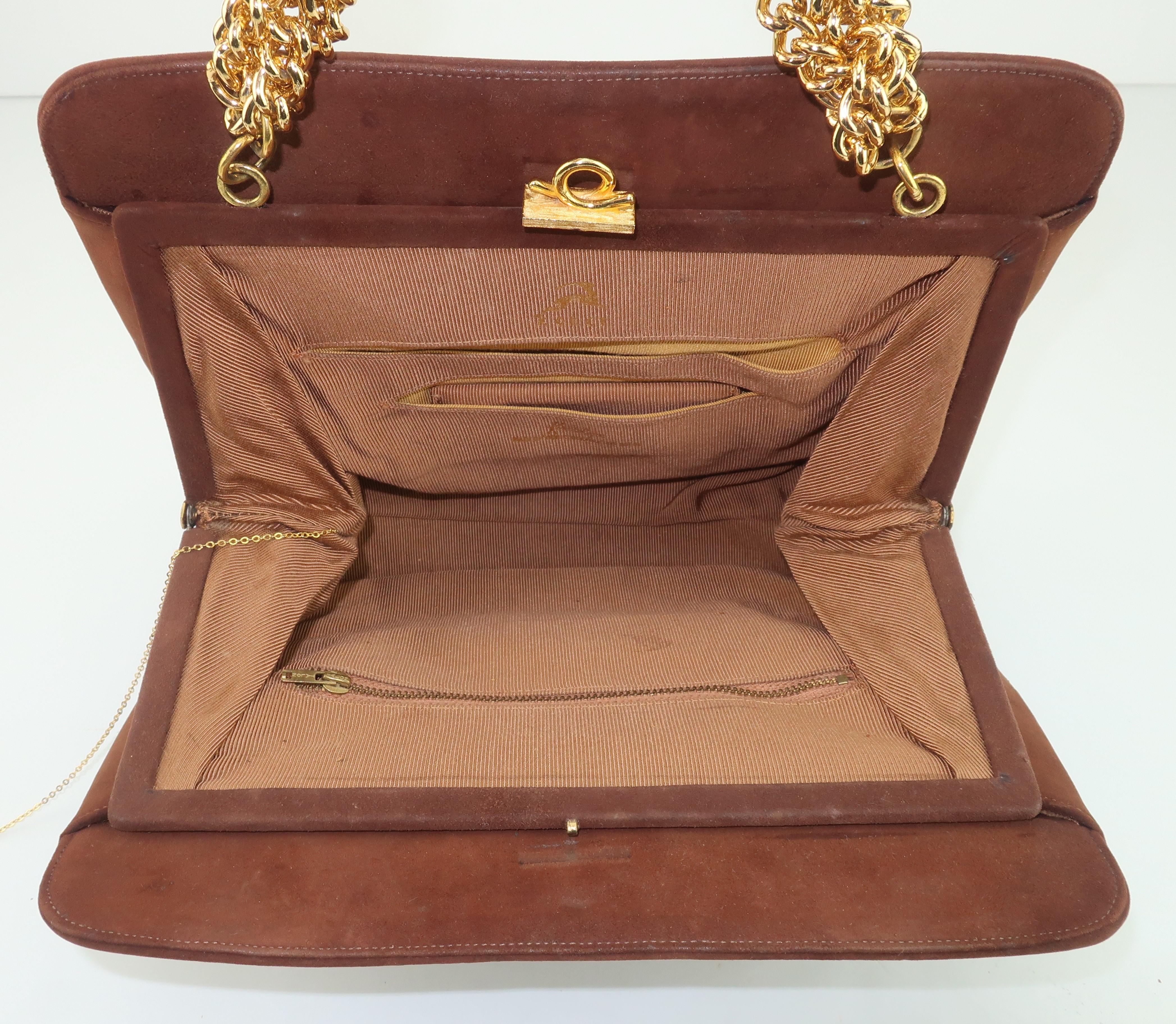 Koret Brown Suede Handbag With Chunky Gold Chain Handle, 1960's 2