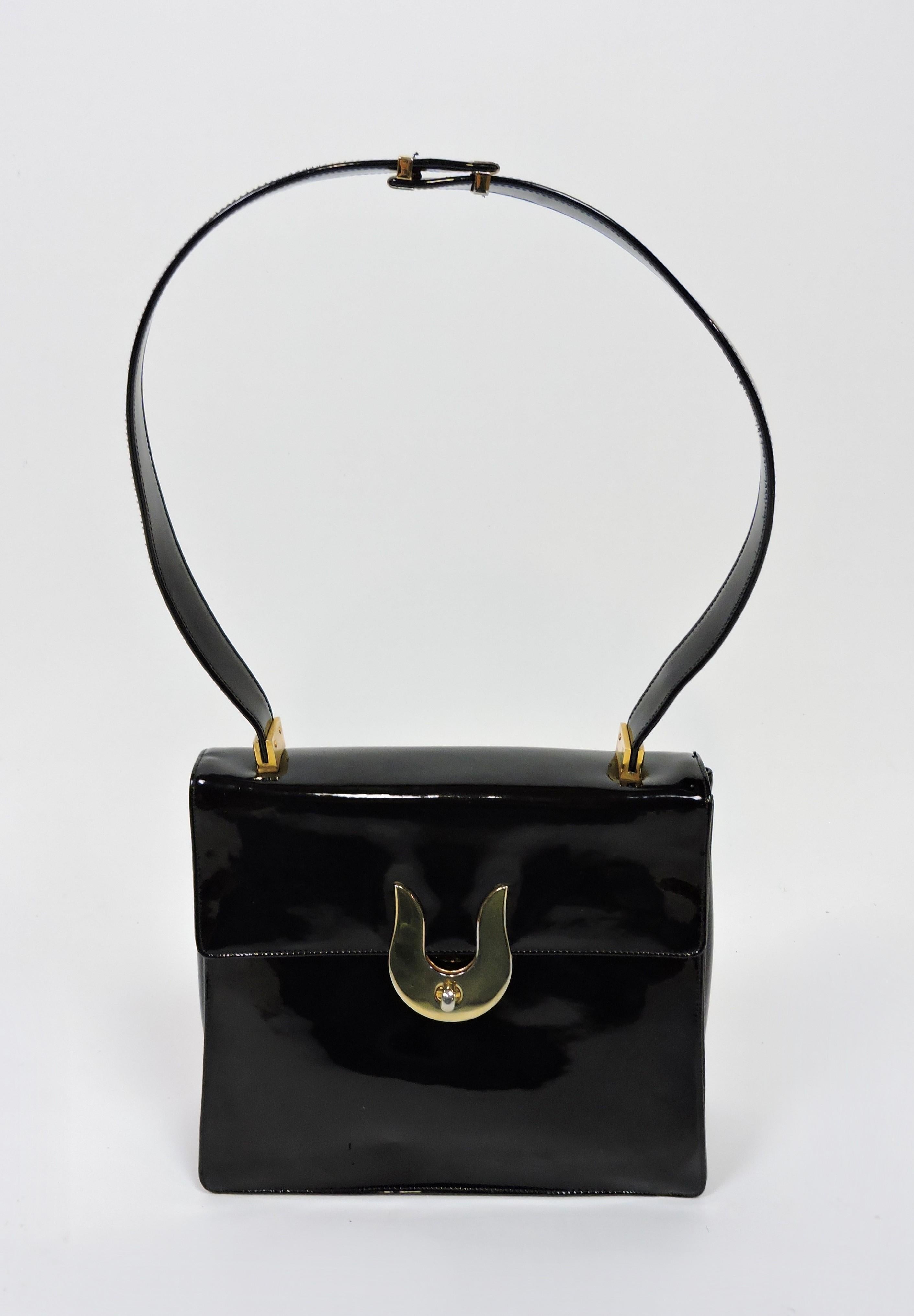 Koret Mid-Century Modern Black Patent Leather and Brass Handbag or Shoulder Bag For Sale 4