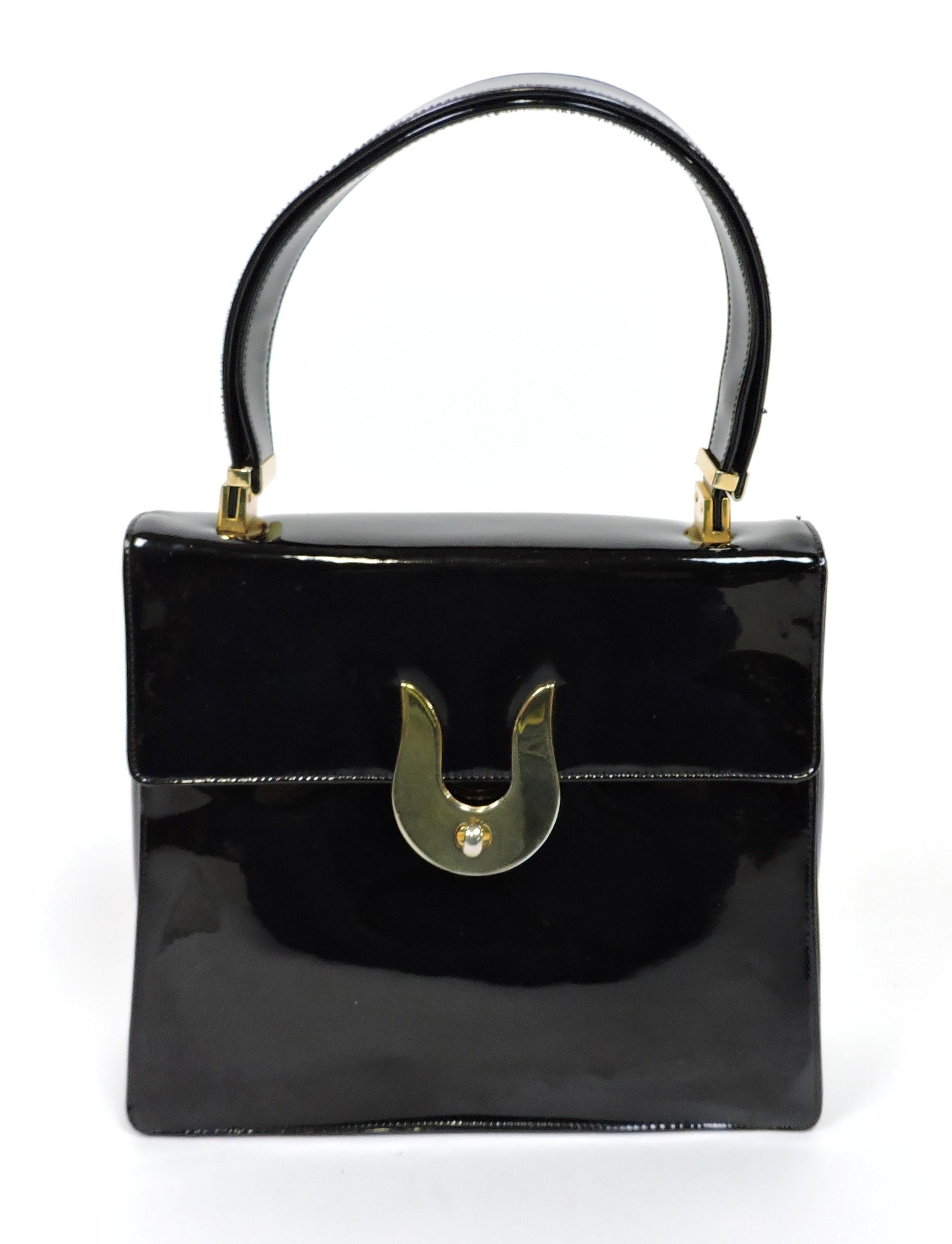 Koret Mid-Century Modern Black Patent Leather and Brass Handbag or Shoulder Bag For Sale 5