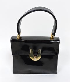 Koret Mid-Century Modern Black Patent Leather and Brass Handbag or Shoulder Bag