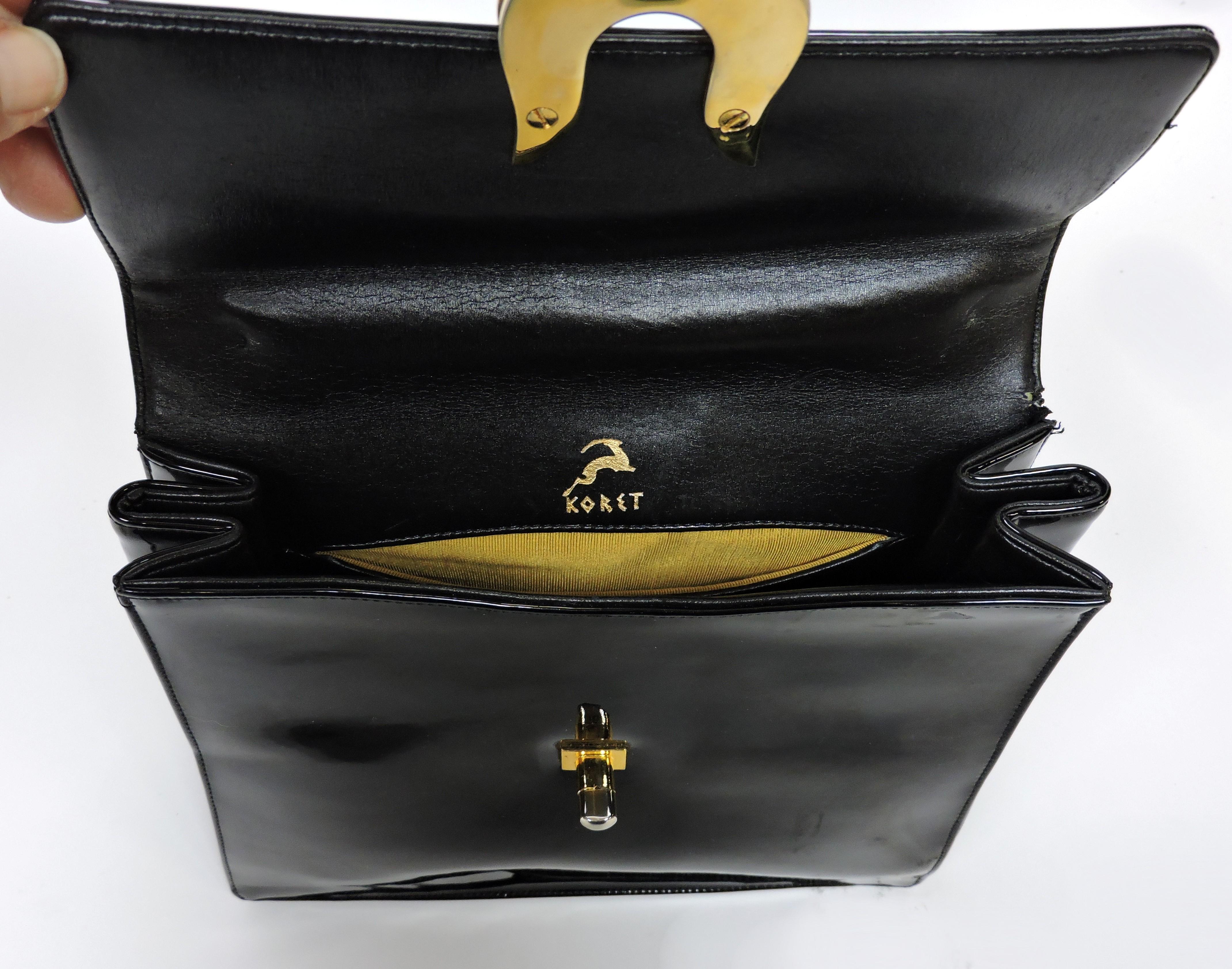 American Koret Mid-Century Modern Black Patent Leather and Brass Handbag or Shoulder Bag For Sale