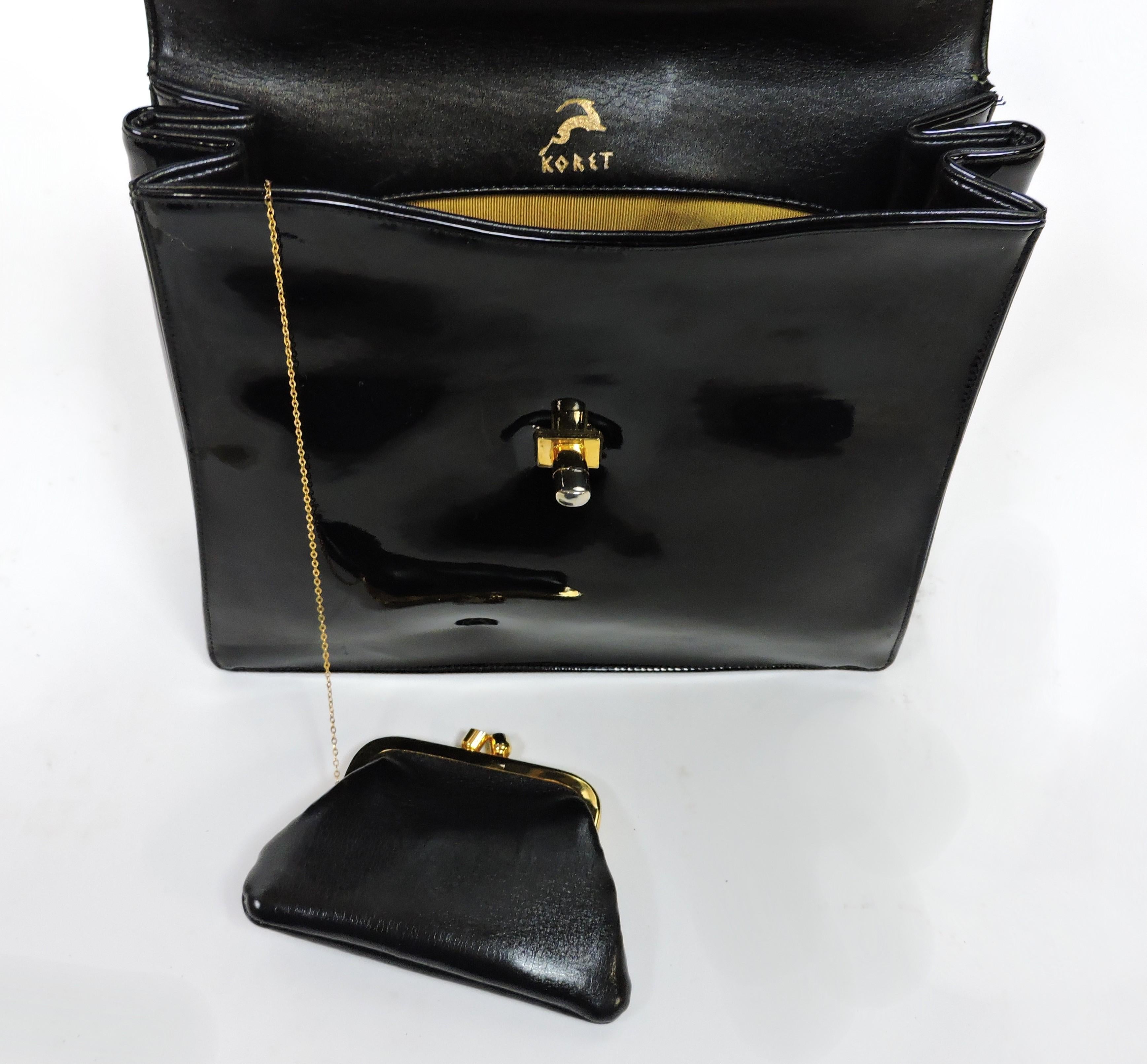 American Koret Mid-Century Modern Black Patent Leather and Brass Handbag or Shoulder Bag For Sale