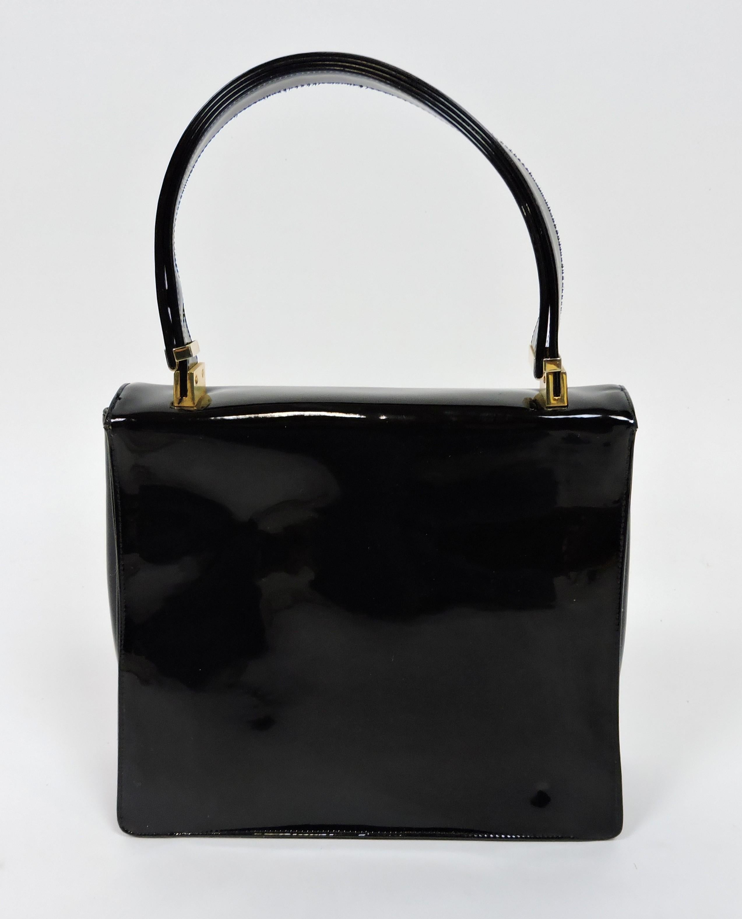 Mid-20th Century Koret Mid-Century Modern Black Patent Leather and Brass Handbag or Shoulder Bag For Sale