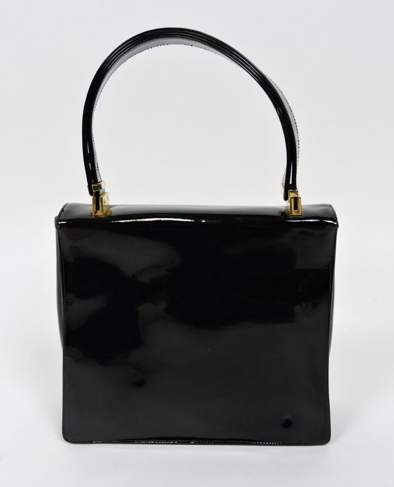Koret Mid Century Modern Black Patent Leather and Brass Handbag or