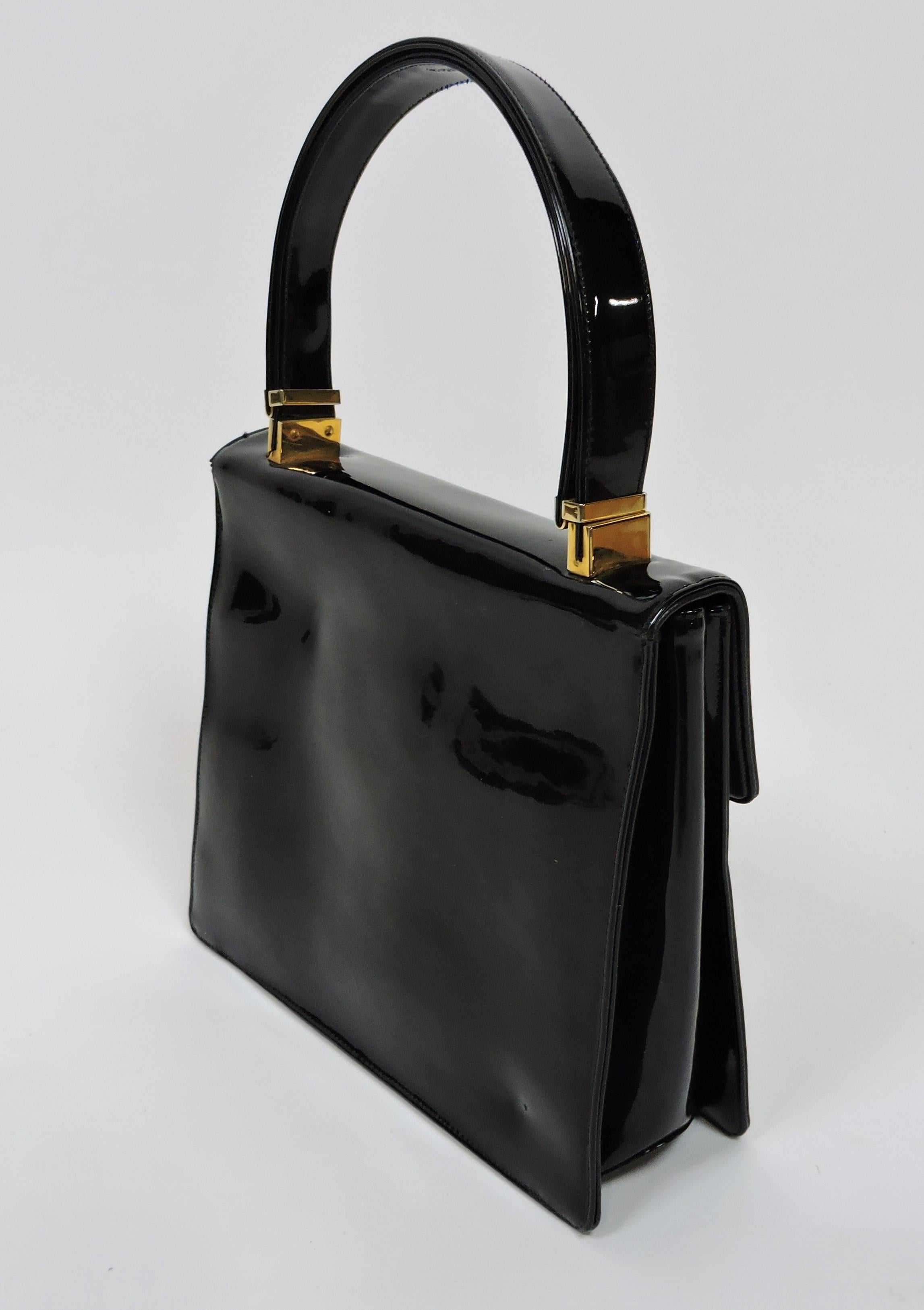 Koret Mid-Century Modern Black Patent Leather and Brass Handbag or Shoulder Bag For Sale 1